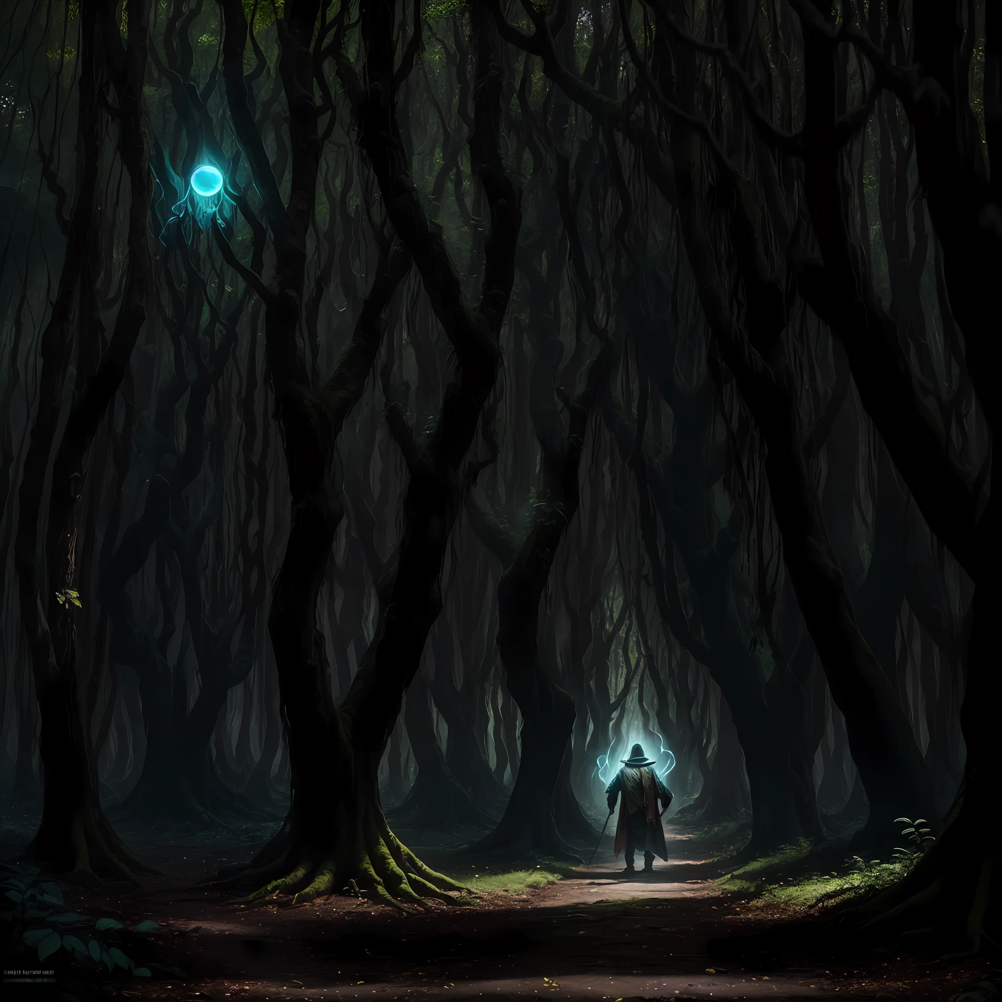 A mysterious occurrence unfolds in the heart of a mythical forest, drawing parallels to the world of 'The Lord of the Rings.' Gollum, now garbed in an intricately designed wizard costume, traverses the ethereal woodland, his presence both intriguing and disconcerting. The forest itself seems alive with magic, with glowing orbs hovering in mid-air and elusive spirits dancing among the ancient trees. What unexpected alliance has Gollum formed in this supernatural realm, and what pivotal quest or destiny awaits him amidst this hauntingly beautiful environment? --auto