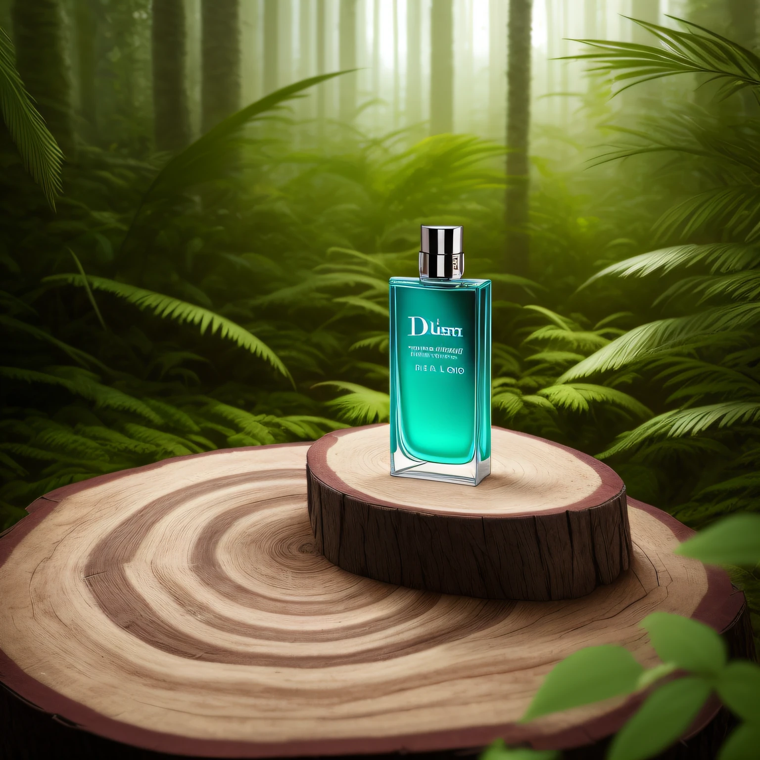 a close up of a bottle of dior cologne on a tree stump, dior, dior campaign, official dior editorial, in a jungle environment, dramatic product photography, dark-toned product photos, “hyper realistic, inspired by Viktor de Jeney, hyper realistic ”, hyper realistic”, placed in a lush forest, christian dior style, dramatic product shot, editorial of dior magazine