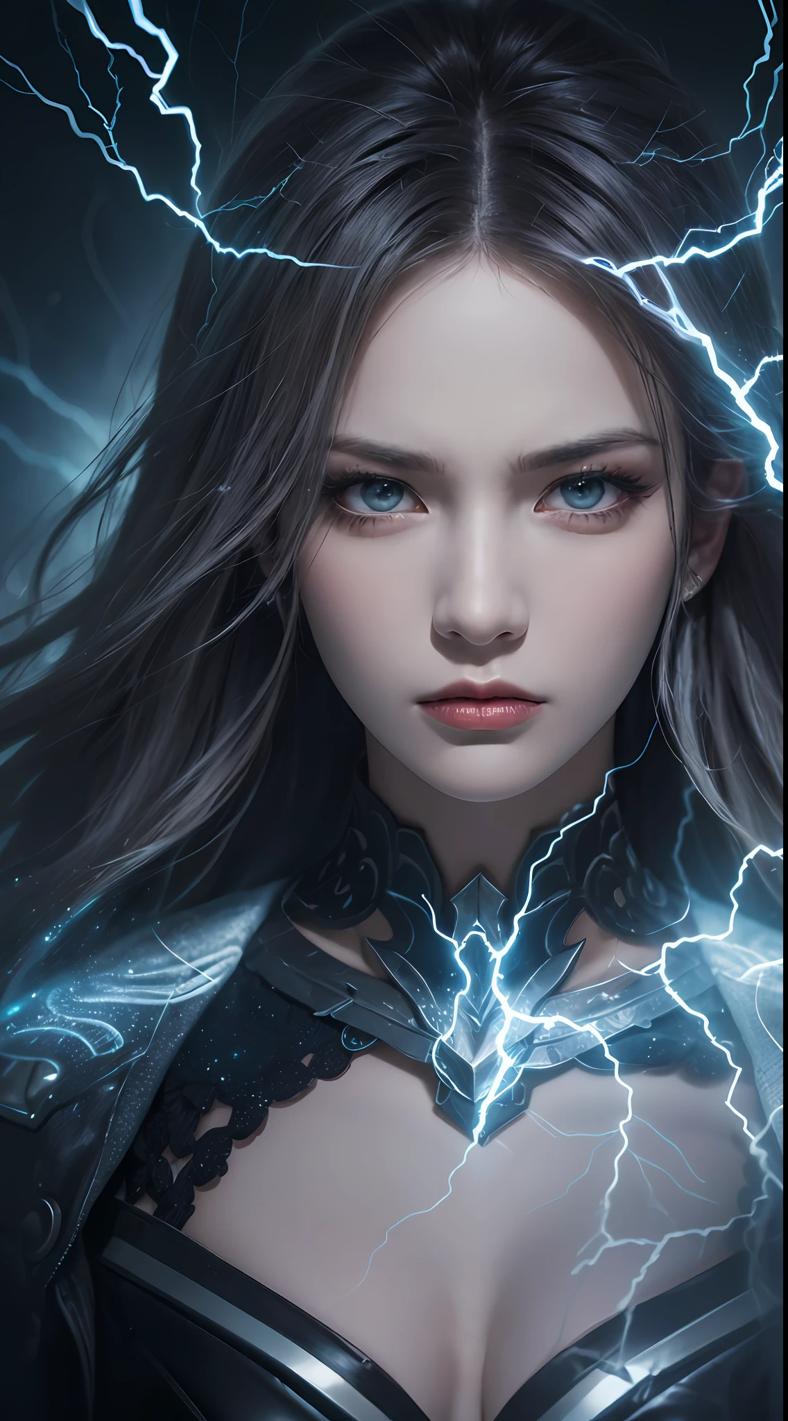 best quality, masterpiece, ultra high res, close up portrait, upper body shot, a beautiful thunder goddess, lightning spark in her eyes, intricate design, realistic details, powerful, front facing, furious gaze, anger, electric energy coming out of her body, blue lightning, thunderstorm, realistic lightning effect, light blue particles, dark fantasy art style, hyperrealism, realistic, dramatic lighting, cinematic