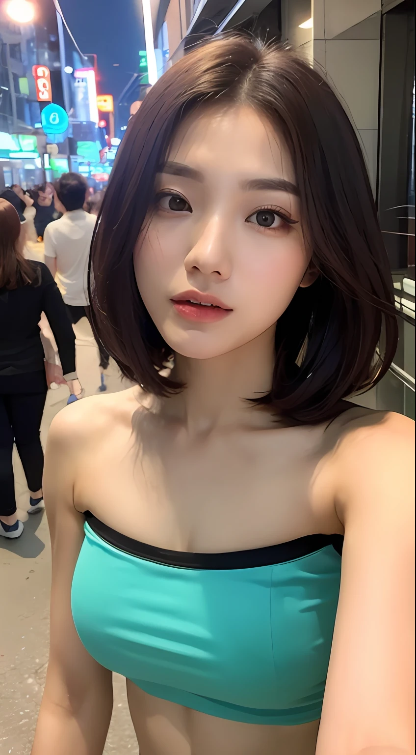 ((Realistic lighting, Best quality, 8K, Masterpiece, medium shot: 1.3)), Clear focus: 1.2, 1girl, Perfect Figure: 1.4, Slim Abs: 1.1, ((Dark brown hair)), (strapless colorful tank-top: 1.4), (Outdoor, Night: 1.1), City streets, Super fine face, Fine eyes, Double eyelids,