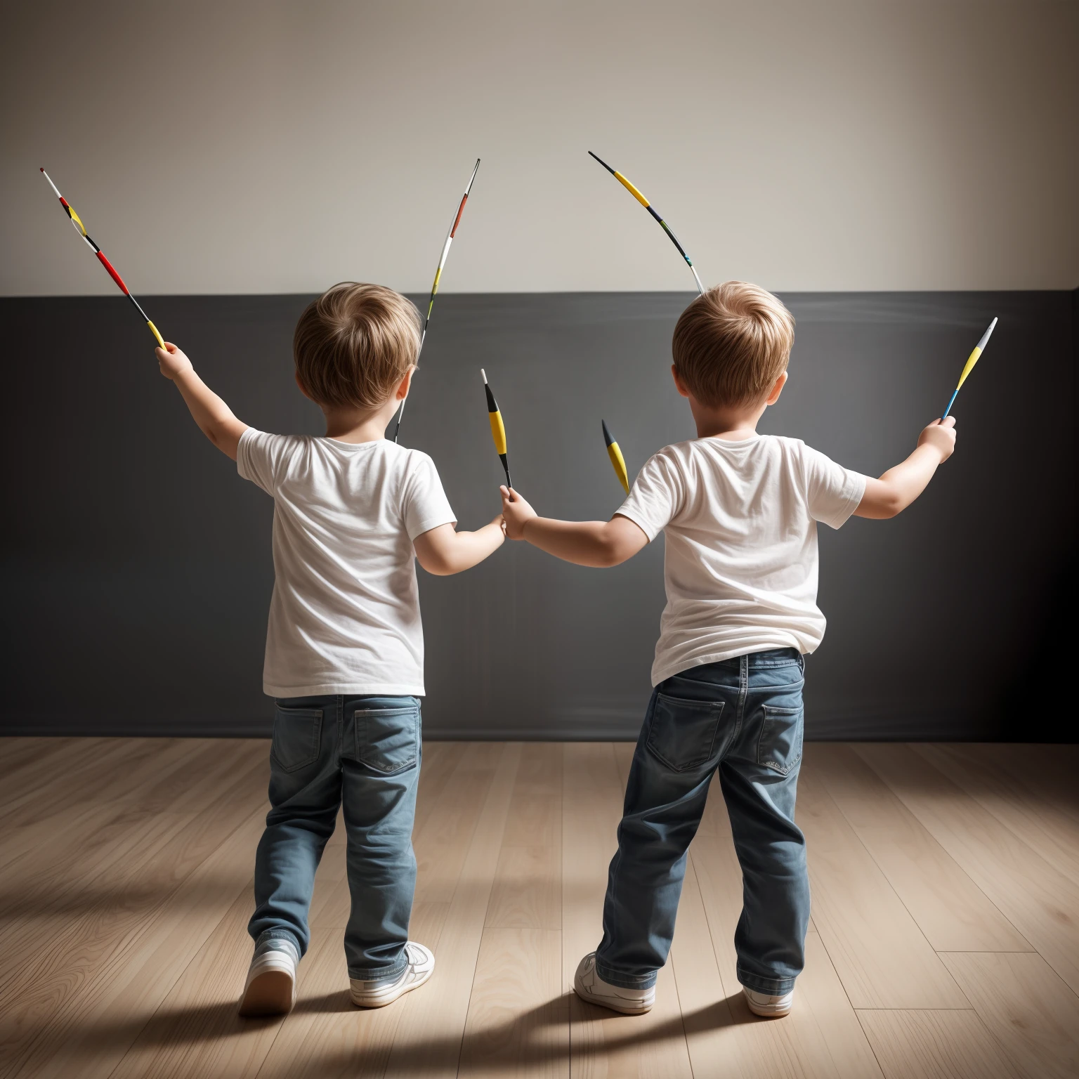 Best Quality: Two young children throwing darts in the room with their backs to the camera, White background wall, Intermediate target, Small children on both sides, soft light, Surrealism, cinematic lighting, 8k, super detail, ccurate, highres, high details, 16k