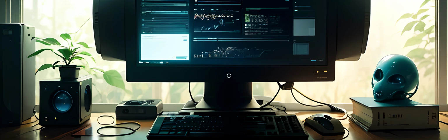 information technology tech banner, alien computer, discovering some hints and stuff, plant and nature too, magnifier investigator tools, detective work, mamoru oshii anime, surrealist style