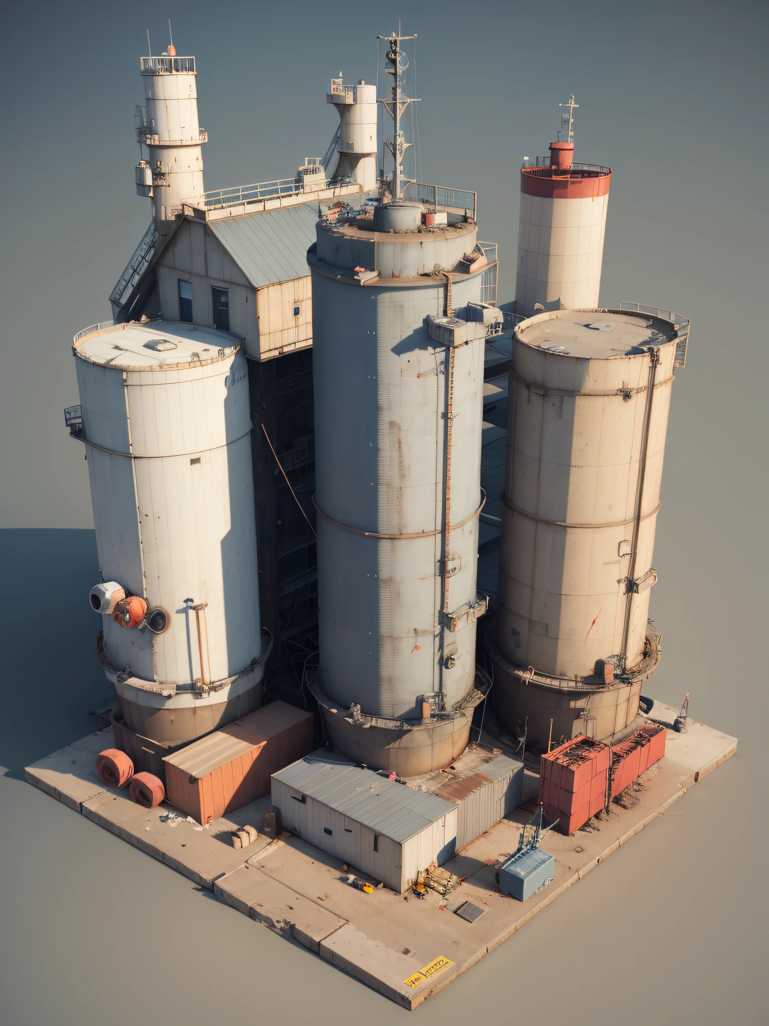 From above, a military warehouse with a lot of oil storage tanks, a lot of oil storage tanks, a lot of military harbors, a lot of ships, warships, 3D rendering stylized, stylized 3D rendering, highly detailed 3D rendering, highly detailed 3D rendering, stylized to 3D rendering, 3D rendering, polygonal 3D model, Kitbashing components