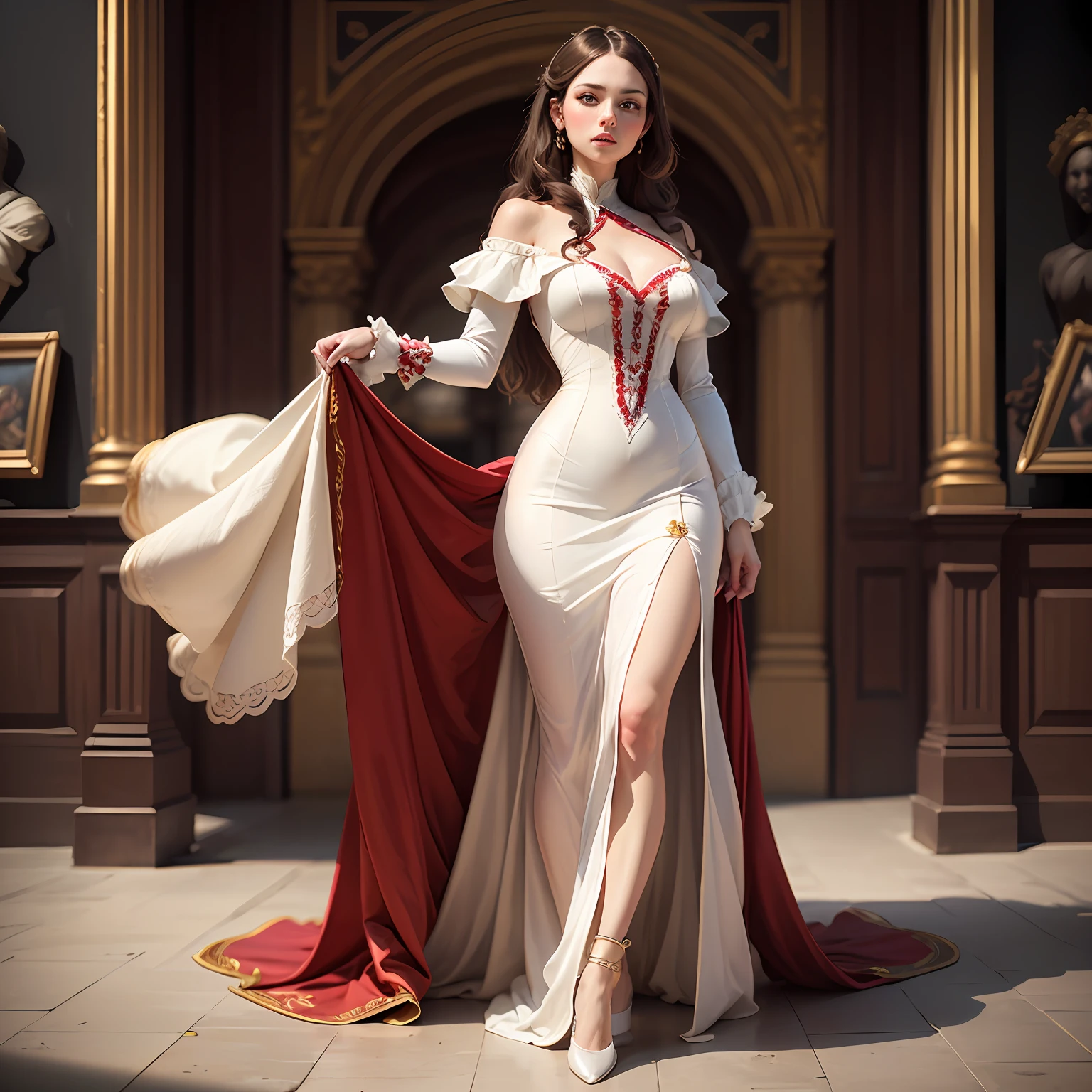 masterpiece, (((woman, Renaissance style, white dress with red details)))), ultra detailed, ultra quality, studio lighting, (((full body)), ((1 woman)) --auto