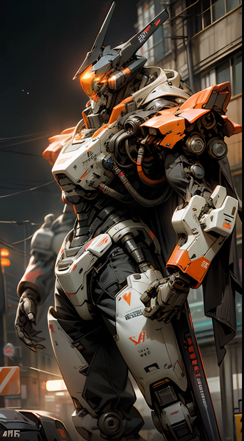 On the moon,barren planets, ruins, holding_weapon, no_humans, glowing, robot, building, glowing_eyes,orange mecha, science_fiction, city, realistic,mecha,Milky Way Galaxy background,neon,cyberpunk,