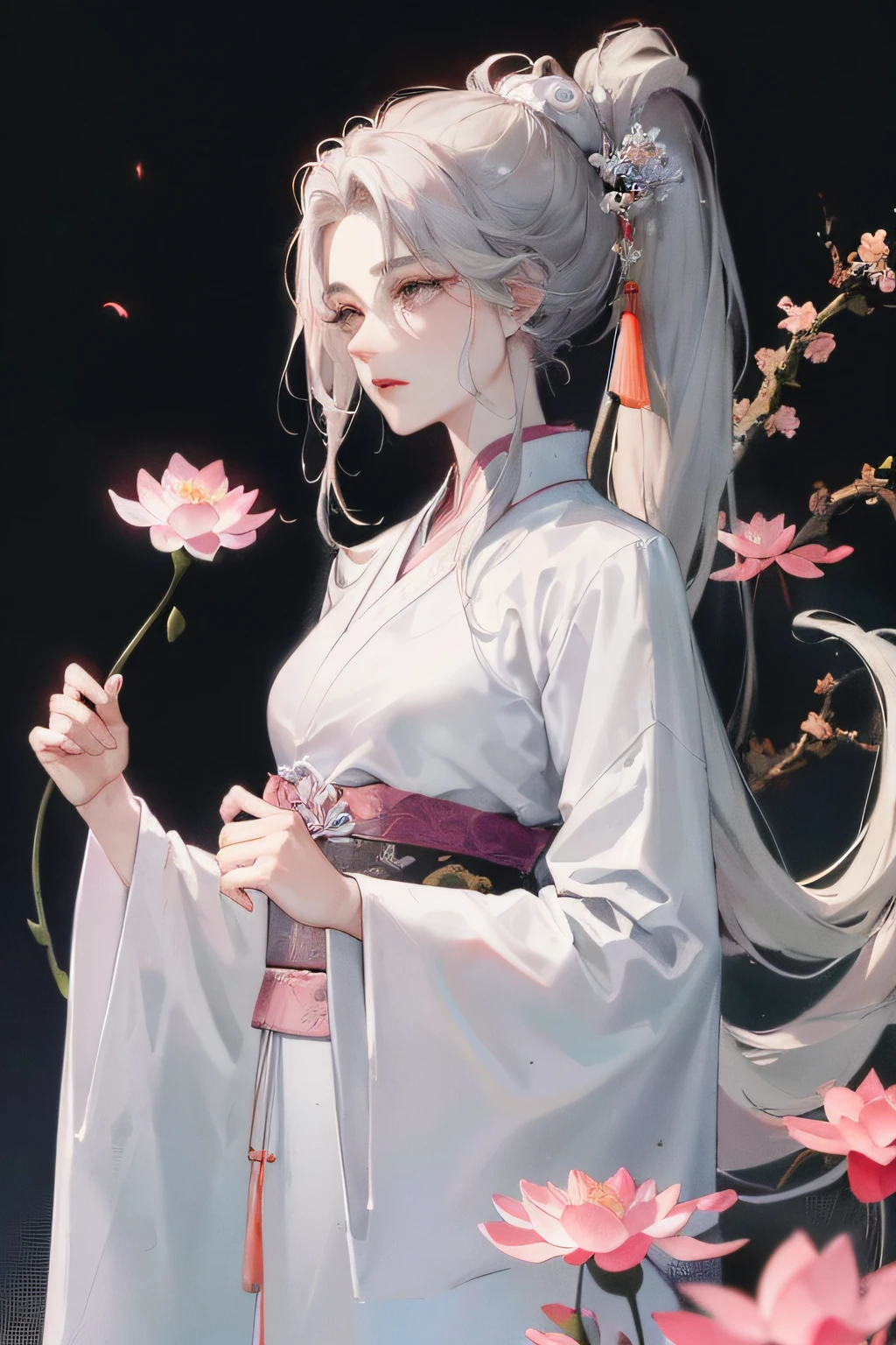 Masterpiece, Superb Product, Night, Full Moon, 1 Female, Mature Woman, Chinese Style, Ancient China, Sister, Royal Sister, Cold Face, Expressionless, Silver-White Long-Haired Woman, Light Pink Lips, Calm, Intellectual, Three Bands, Gray Eyes, Pale Pink Clothes, Hanfu, Lotus Pond Background, Blooming Lotus, and Tilian