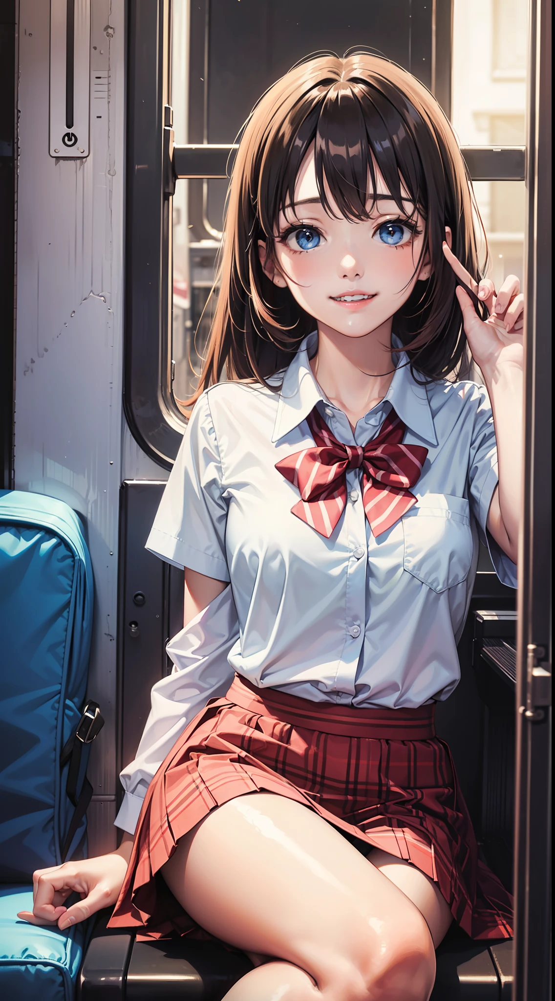 (masterpiece, best quality, high resolution:1.3), High detail RAW color, light on skin,  (anime painting:1.1),(high light:1.8),(blue tone),
 day time:1.9,
in door, day time:1.9, after the rain, Inside the train, InTrain, solo, 1girl  sitting,
1girl, [wet], large head:1.6, sitting, shiny skin, shiny hair,  looking_at_viewer:1.9, [grin] smile,  embarrassed,
three fingers:1.6, bowtie, kneehighs,  pink:1.9 panties, pantyshot,  
pink bra:1.4, white band school_bag, school_uniform, large size shirt, pleats skirt,  ,