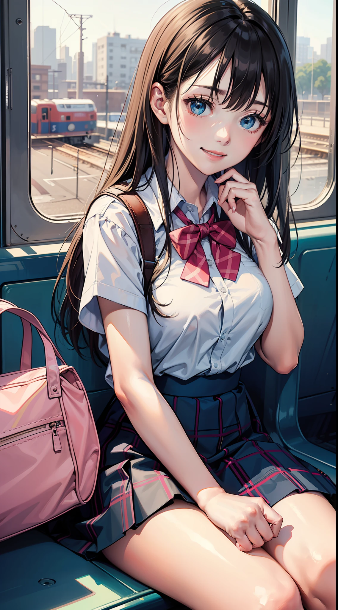 (masterpiece, best quality, high resolution:1.3), High detail RAW color, light on skin,  (anime painting:1.1),(high light:1.8),(blue tone),
 day time:1.9,
in door, day time:1.9, after the rain, Inside the train, InTrain, solo, 1girl  sitting,
1girl, [wet], large head:1.6, sitting, shiny skin, shiny hair,  looking_at_viewer:1.9, [grin] smile,  embarrassed,
three fingers:1.6, bowtie, kneehighs,  pink:1.9 panties, pantyshot,  
pink bra:1.4, white band school_bag, school_uniform, large size shirt, pleats skirt,  ,