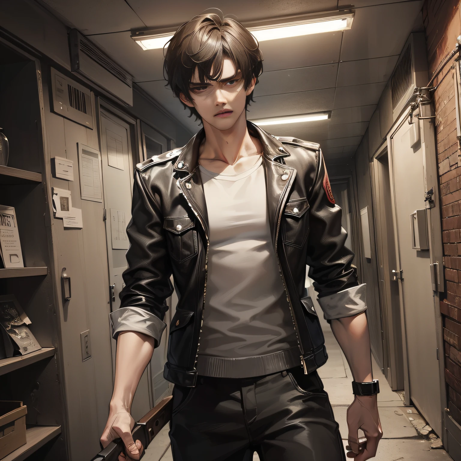Masterpiece, delicate face, a boy, ((20 years old, short hair, gritty, handsome, tall)), weapon in hand, pointing ahead, angry expression, basement, dark night, (desolate), (eerie), (horror), 8k, HD, high saturation, ultra-realistic, high resolution