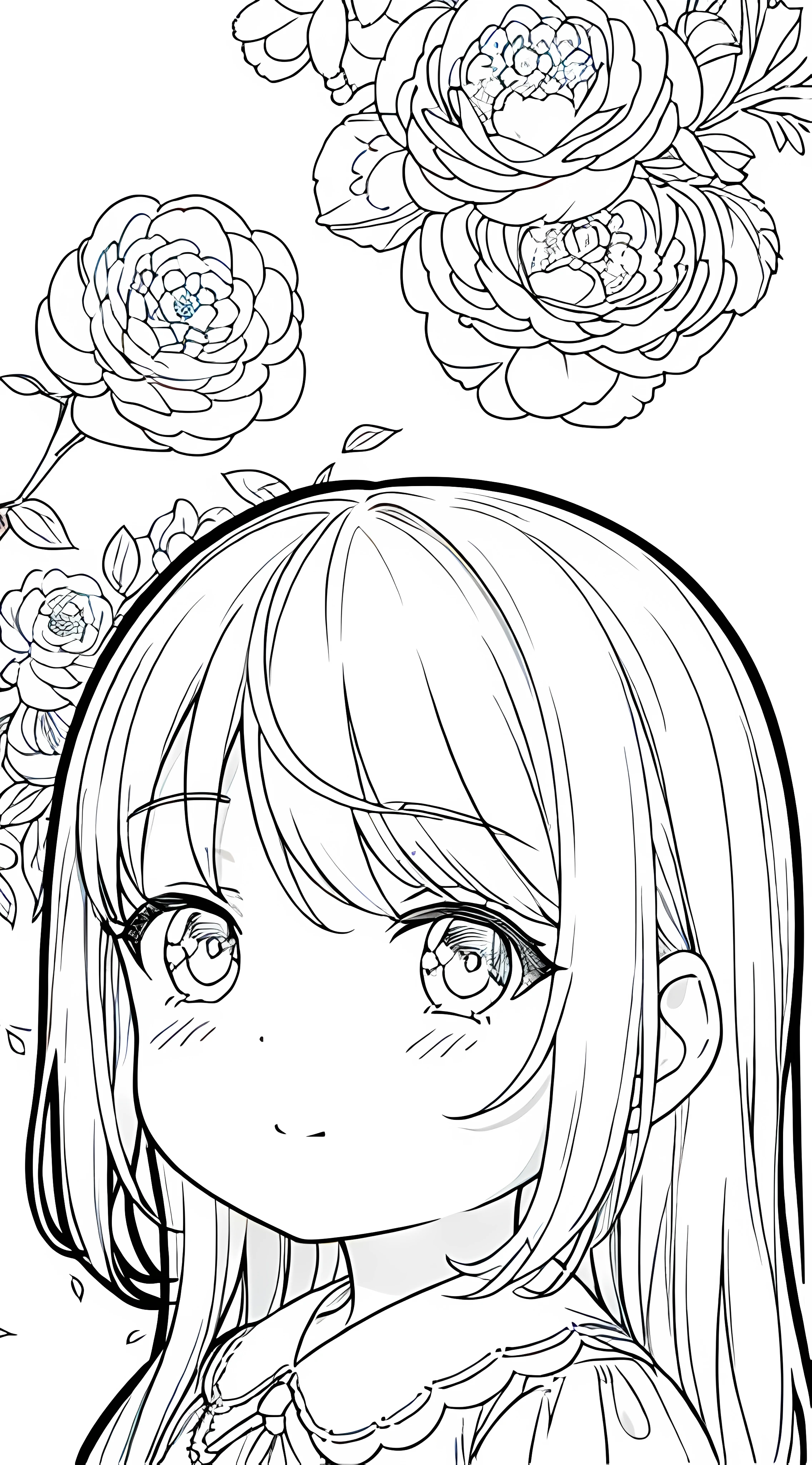Detail face, ((Perfect details)), Cold light, ((Data in eyes)), ((Data embellishment hair)), Line drawing, Monochrome, Line drawing cute baby, white hair, camellia line drawing white background,
