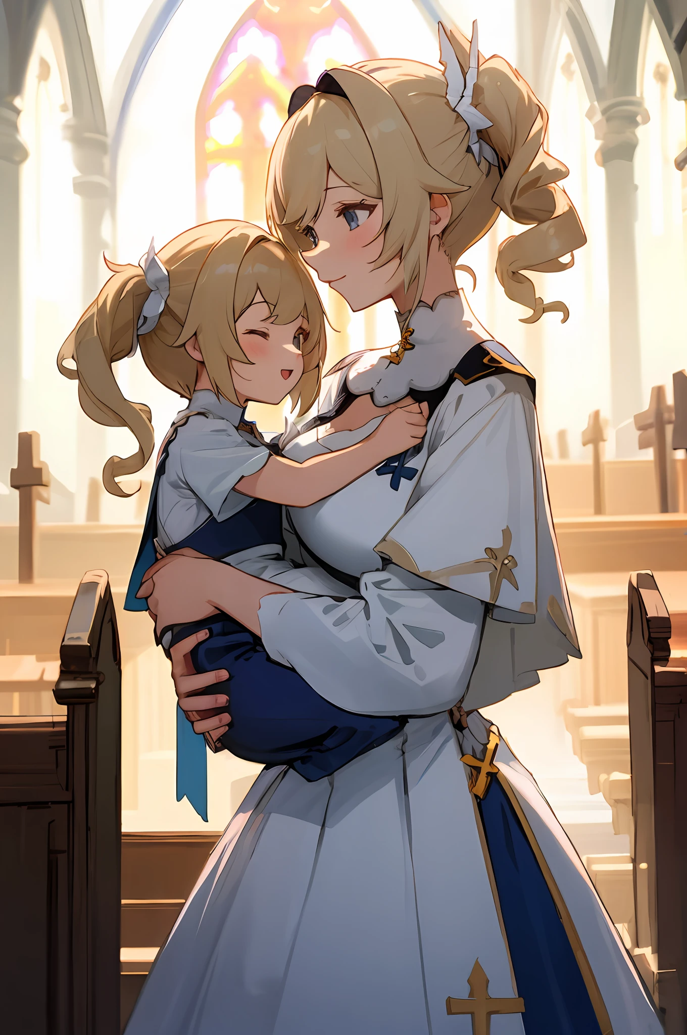 anime image of two women dressed nun posing for a picture like Nun clothing in summer, medium hair, Barbara Curly Blonde Ponytails, a girl in church, anime fantasy illustration, from the azur lane videogame, genshin, nun dress detailed art, two beautiful anime girls, mother and child, symbol of maternal love, happy, mother and child, such as photos of mother and child