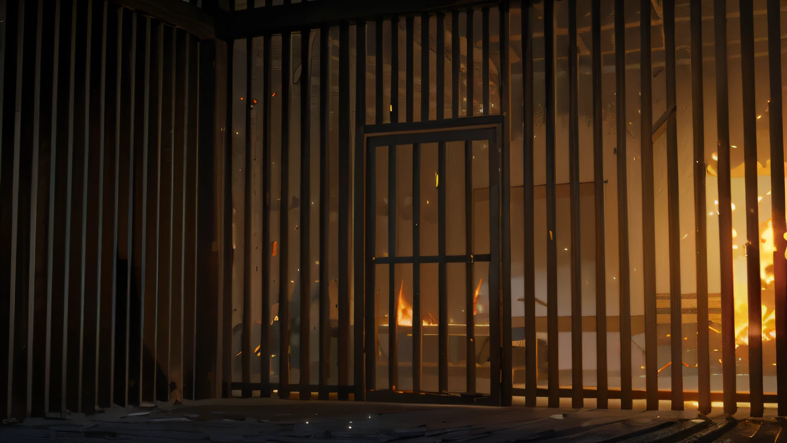 Miyazaki style, ancient prison, burning wood brazier emits fire. Concept Art, Eglon Van Denier, Dramatic Lighting Rendering, Concept, Volumetric Lighting and Fog, Octane Rendering Dynamic Lighting, Volumetric Fog and Lighting