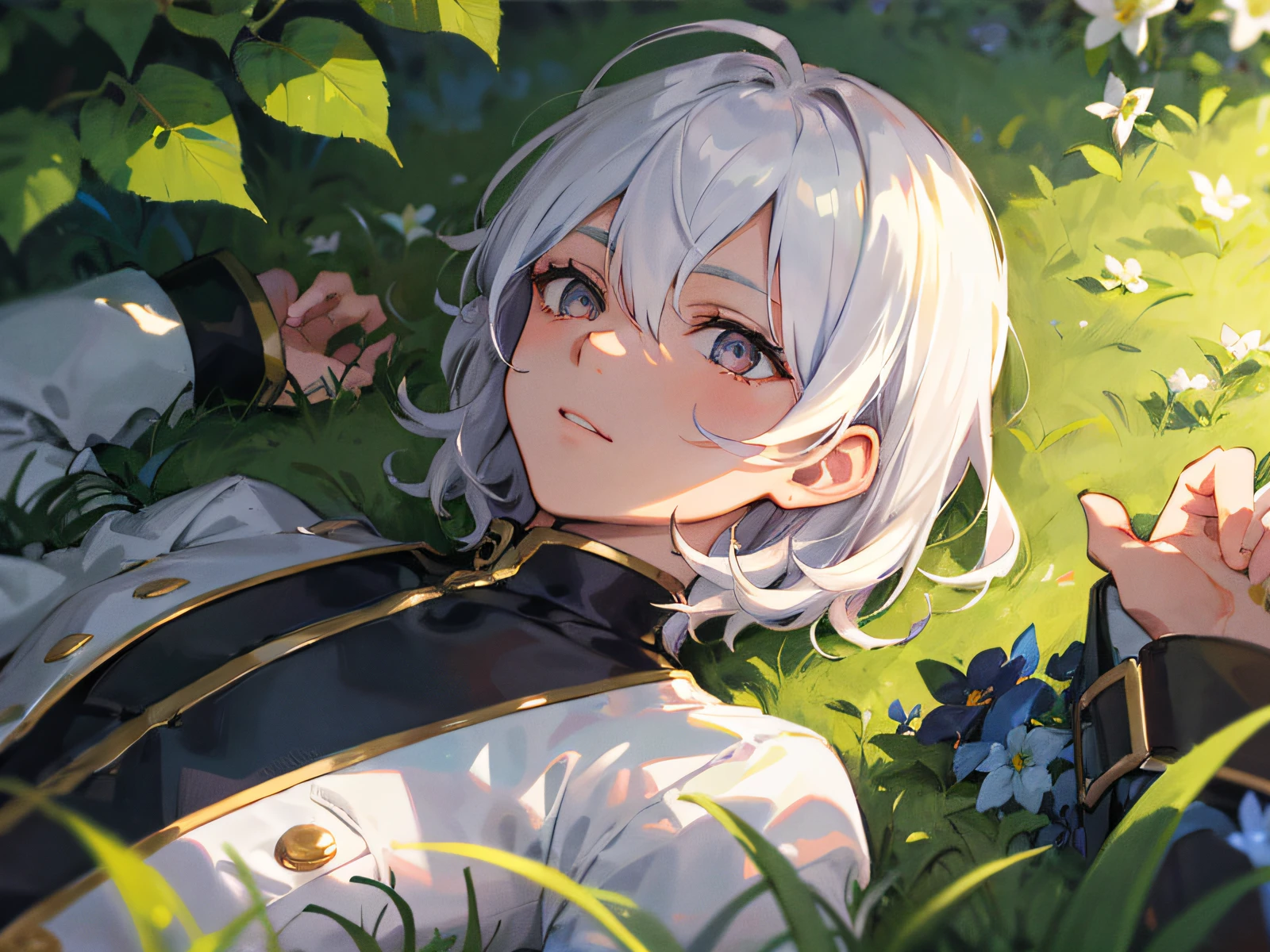 Excellent, masterpiece, white hair, golden eyes, hair, fair skin, man face with sharp angles in the garden park male bust shot lying on the park grass short hair