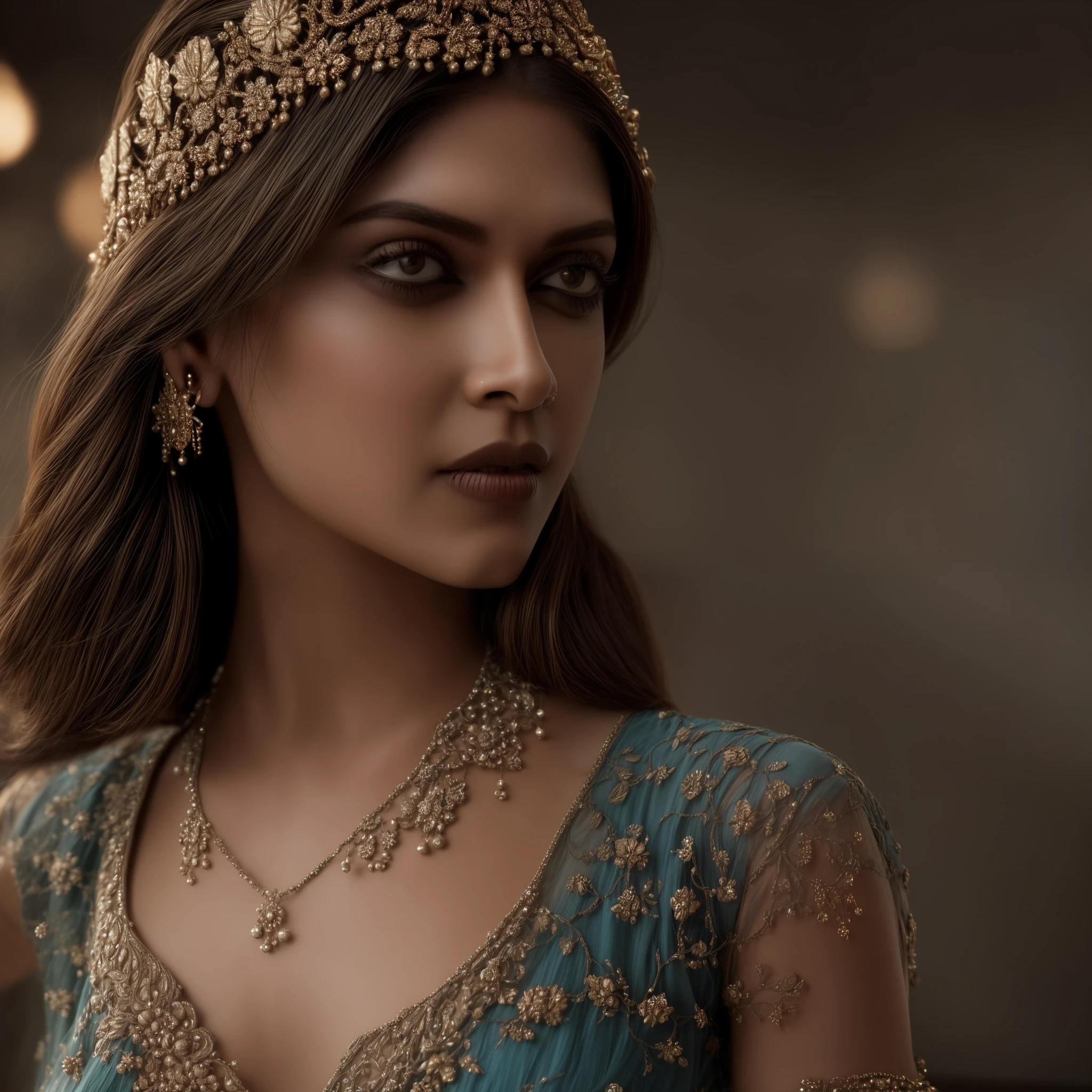 Indian Bollywood actress in the style of Alexandr Averin, dreamy atmosphere, dark cyan and red, i can't believe how beautiful this is, serene atmosphere, flickering light, epic realistic, illustrated by herg, style of tin tin comics, pen and ink,art by greg rutkowski and artgerm, soft cinematic light,hdr, intricate, highly detailed, (depth of field:1.4), faded, (neutral colors:1.2), (hdr:1.4), (muted colors:1.2), hyperdetailed, (artstation:1.4), cinematic, warm lights, dramatic light, (intricate details:1.1), complex background, (rutkowski:0.66), (teal and orange:0.4), (intricate details:1.12), hdr, (intricate details, hyperdetailed:1.15) (skin texture:1.2)
