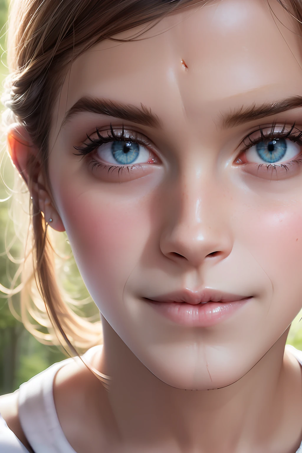 (((Emma Watson))), (a very tall slender woman sitting on a stone in the forest), (round breasts), big eyes, (small head), (((She wears a crop white knotted shirt))), (((she wears a short denim skirt))), (((skirt))), (photorealistic), (ray tracing), (cinema lighting), (sharp focus), (detailed face), natural and realistic skin textures, soft face, white panty, ((cameltoe))