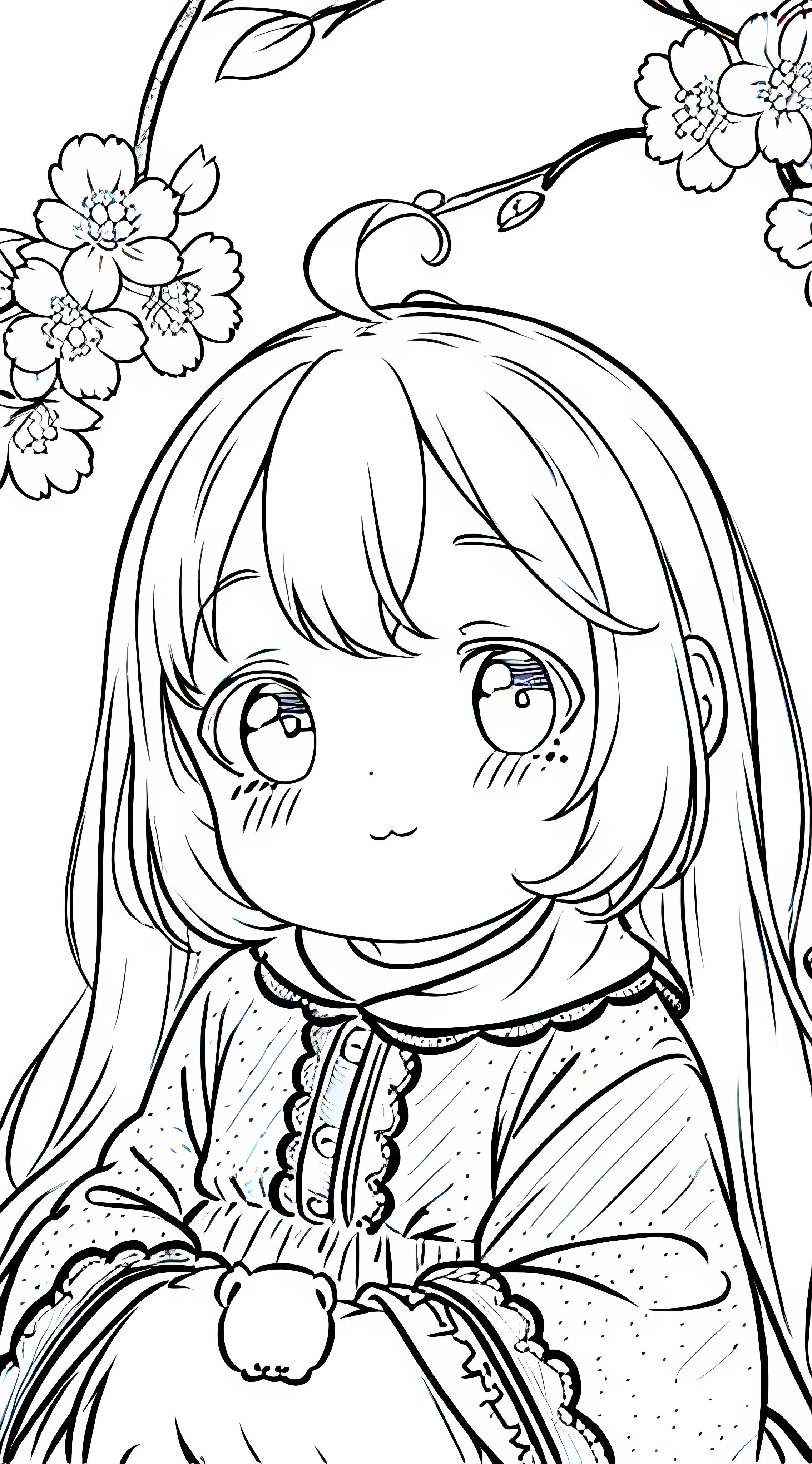 Detail face, ((Perfect detail)), Cold light, ((Data in eyes)), ((Data dotted hair)), Line drawing, Monochrome, Line drawing cute baby, white hair, peach blossom line drawing white background,