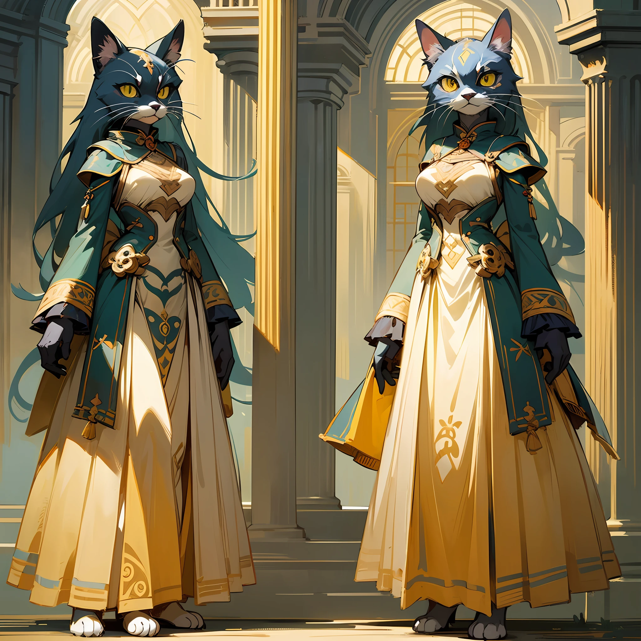 Q version cartoon 2 head to body ratio, anthropomorphic cat female, animal image design, cat image wearing light yellow ancient gorgeous long skirt, charming, very beautiful, charming, Q version cartoon monster standing painting, oblique standing, side view, sideways standing, full body portrait, cool shape,