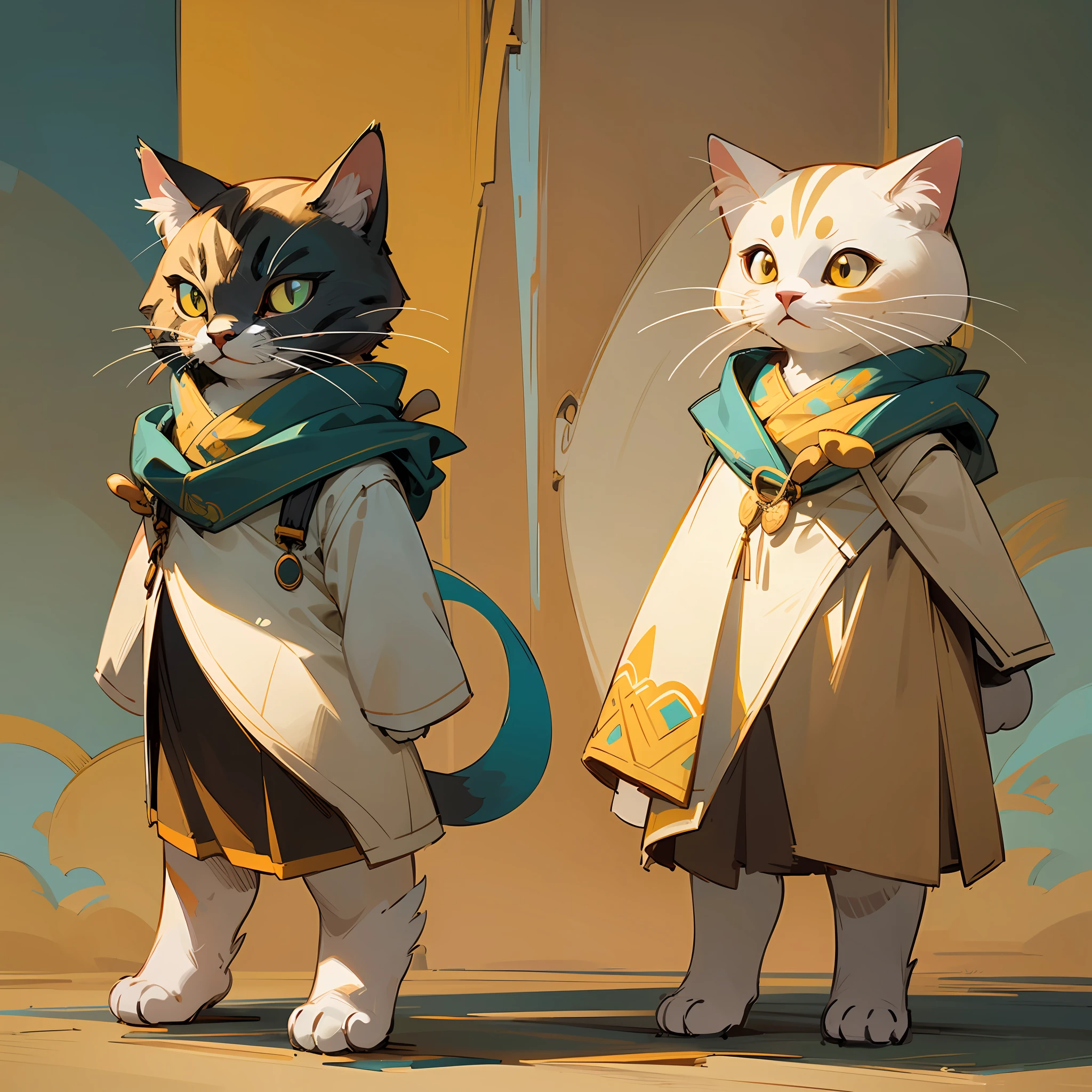 Q version cartoon 2 head to body ratio, anthropomorphic cat female, animal image design, cat image wearing light yellow ancient gorgeous long skirt, charming, very beautiful, charming, Q version cartoon monster standing painting, oblique standing, side view, sideways standing, full body portrait, cool shape,