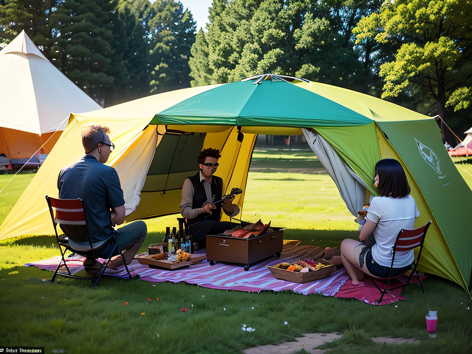 There were four people, two men, two women, they were picnicking, eating barbecues, and behind them was a tent