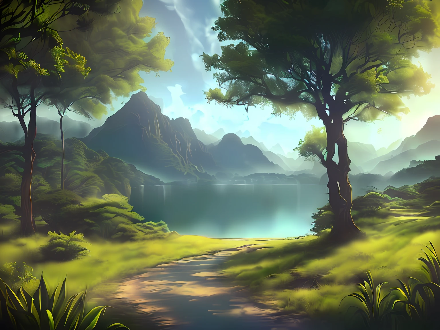 there is a painting of a path going through a green field, beautiful render of a landscape, peaceful landscape, photorealistic landscape, realistic landscape, detailed scenery —width 672, scenery artwork, digital landscape art, serene landscape, anime landscape, landscape wallpaper, beautiful digital painting, scenery art detailed, 3 d virtual landscape painting, detailed digital painting, background artwork, Realist , 32k, HDR, Closeup Detail view