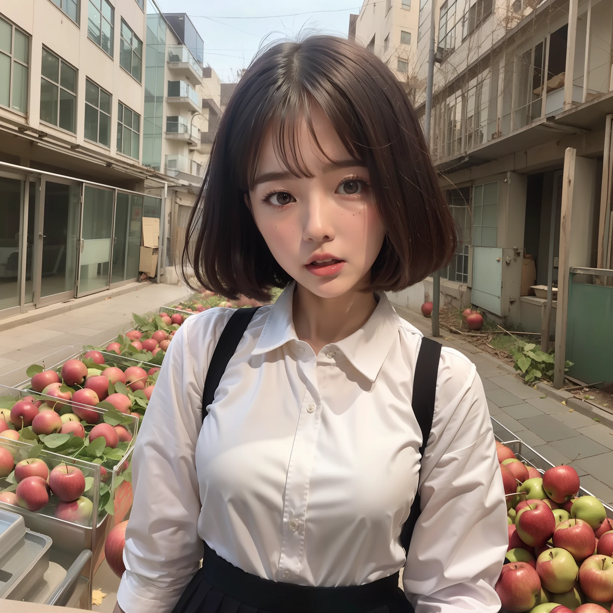 A large amount of apples are falling, and the face of a cute schoolgirl who is frightened, hair is a bob cut, black hair