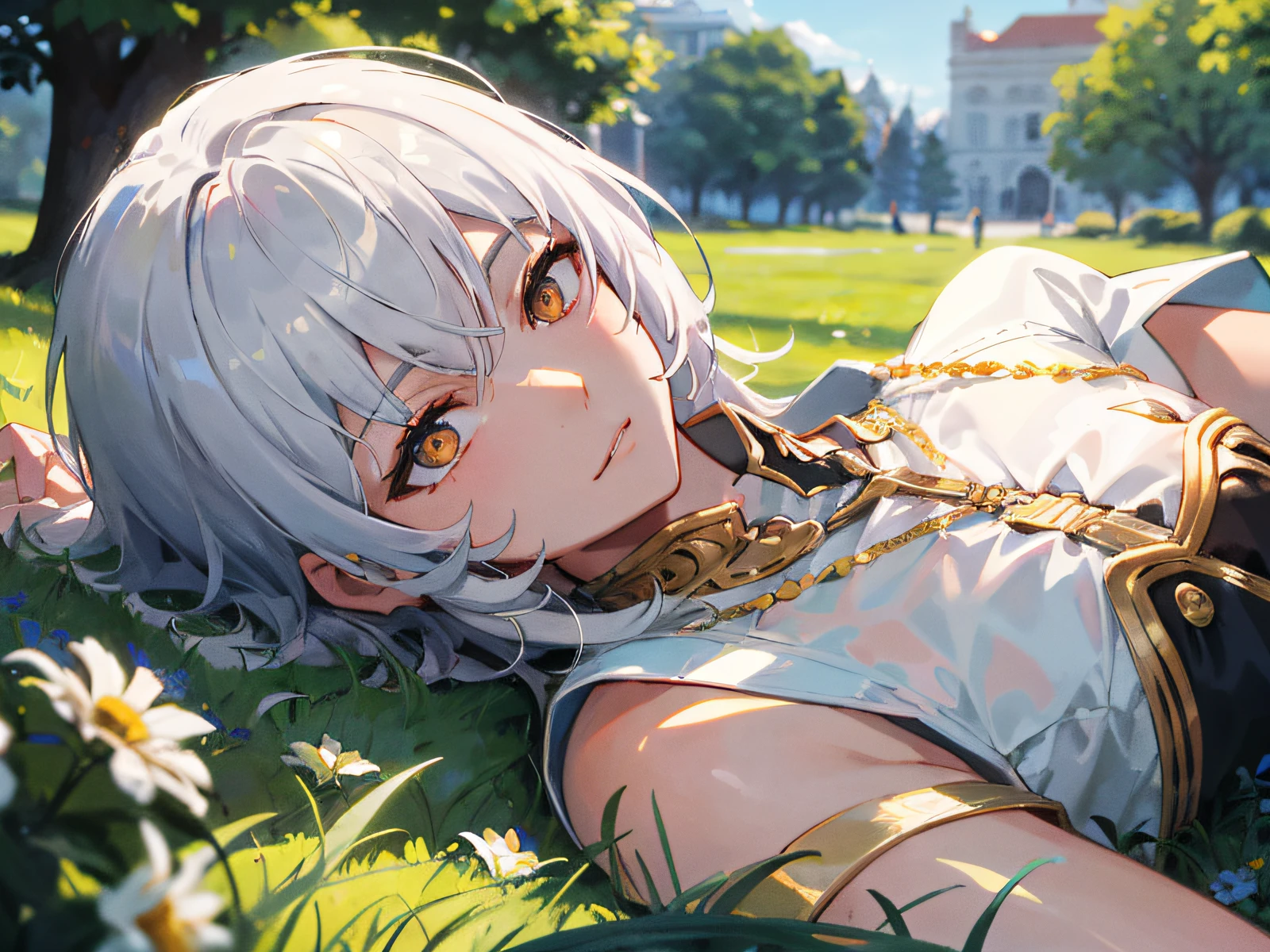 Excellent, masterpiece, white hair, golden eyes, hair, fair skin, man face with sharp angles in garden park male bust shot lying on park grass