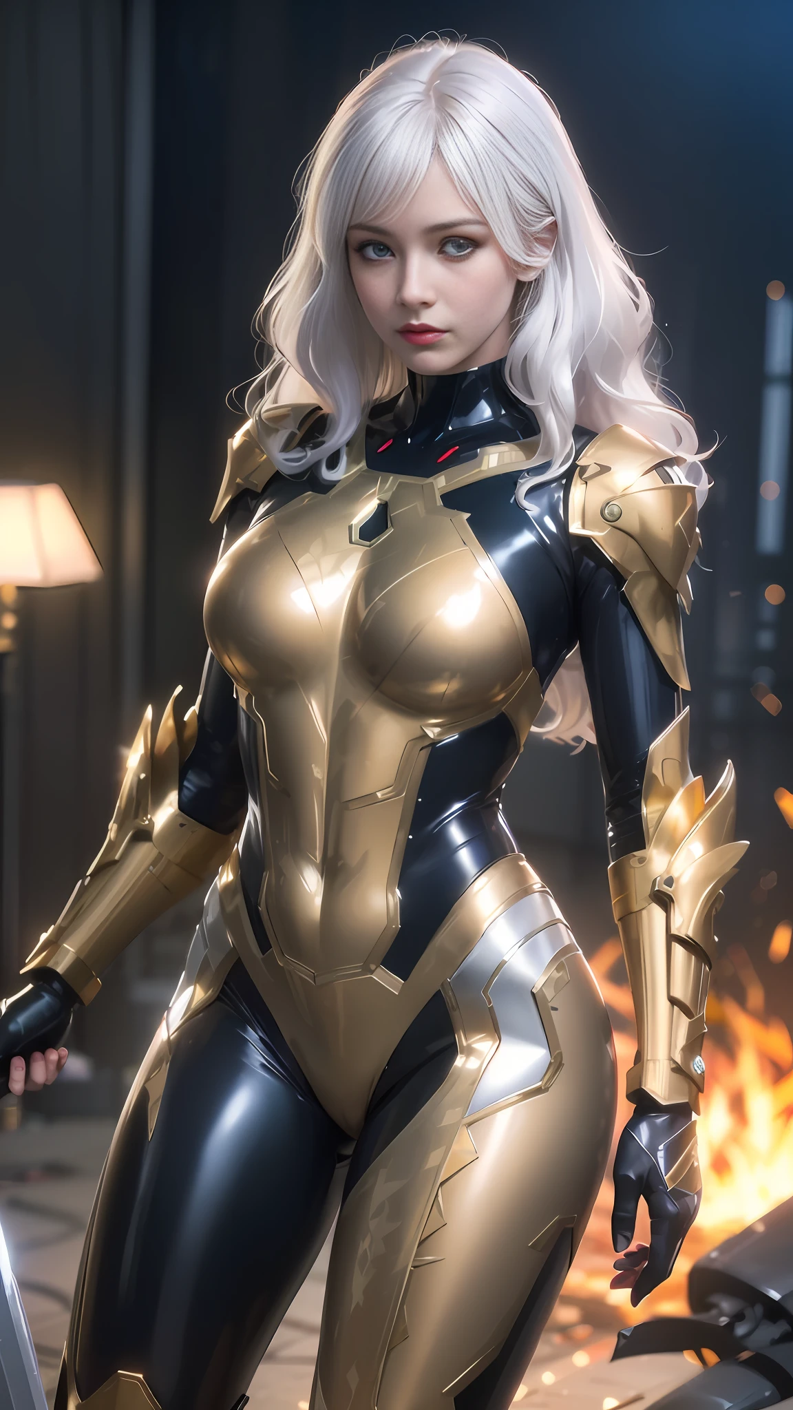 a close up of a woman in a gold and black suit, stunning armor, light gold armor, wearing witchblade armor, armor girl, sleek gold armor, gold armour suit, cybersuit, golden armor, cyber japan armor, girl in mecha cyber armor, cybersuits, cyber suit, angelic golden armor, gold and silver armour suit, black and golden armor