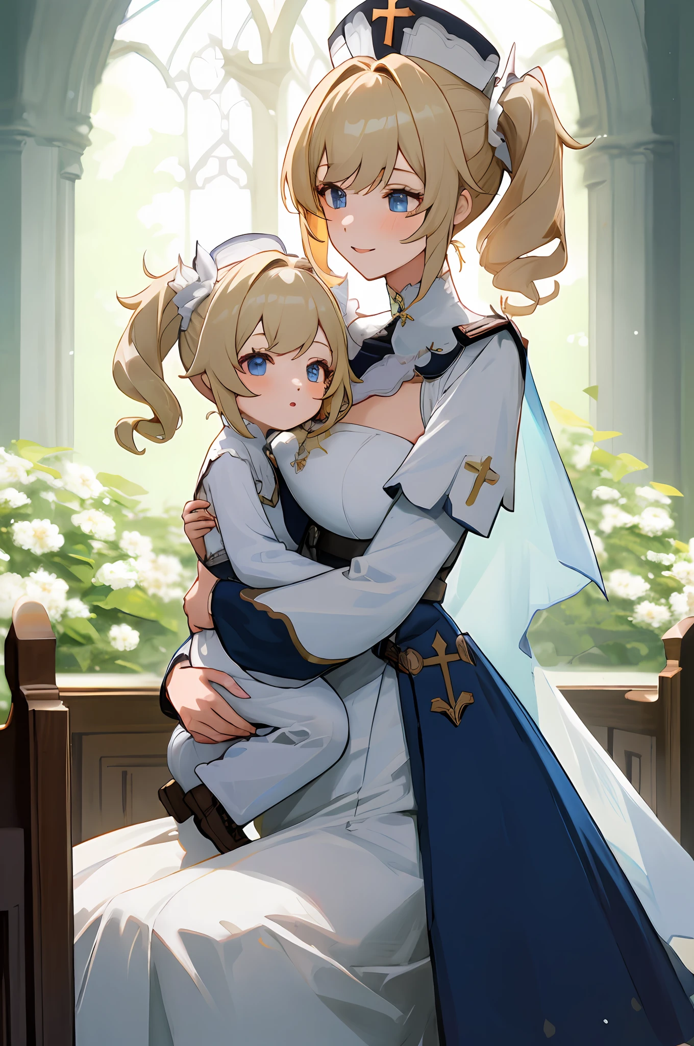 anime image of two women dressed nun posing for a picture like Nun clothing in summer, medium hair, Barbara Curly Blonde Ponytails, a girl in church, anime fantasy illustration, from the azur lane videogame, genshin, nun dress detailed art, two beautiful anime girls, mother and child, symbol of maternal love, happy, mother and child, such as photos of mother and child, sitting in the flower garden