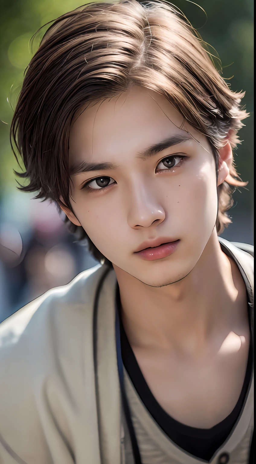 1boy, male focus, topless man, disheveled hair, looking at the viewer, outdoor, beautiful lighting, deep shadow, best quality, masterpiece, ultra-high resolution, photorealistic, blurred background, (RAW photo: 1.2), ((photorealistic: 1.4), (masterpiece: 1.3), (best quality: 1.4), ultra-high resolution, (detailed facial features), (detailed clothing features), HDR, 8k resolution, photo by JernauKrisStew, a ( Handsome guy, 15 years old),