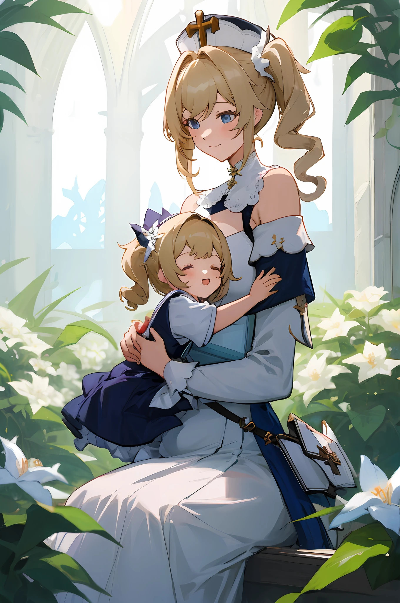 anime image of two women dressed nun posing for a picture like Nun clothing in summer, medium hair, Barbara Curly Blonde Ponytails, a girl in church, anime fantasy illustration, from the azur lane videogame, genshin, nun dress detailed art, two beautiful anime girls, mother and child, symbol of maternal love, happy, mother and child, such as photos of mother and child, sitting in the flower garden, mother and child playing together
