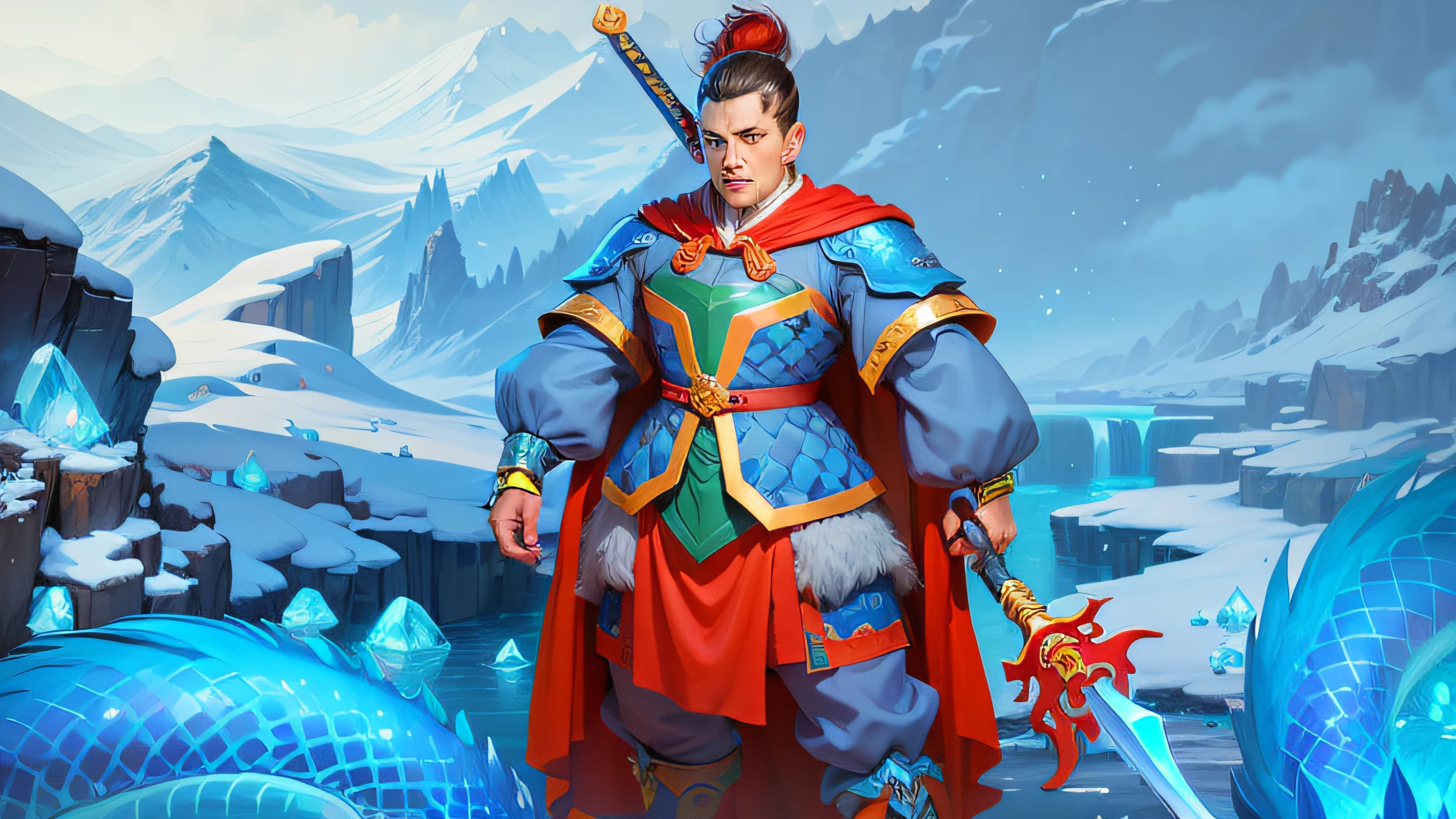 Cartoon illustration, a man in blue costume holding a sword and a red cloak, ice mage, inspired by Huang Shen, Ice Master, Ice Lord, Hero Character Art, inspired by Li Kan, Xian Xia Hero, Magic Knight, Hero Character, Ice Crystal Armor, RPG Character Avatar