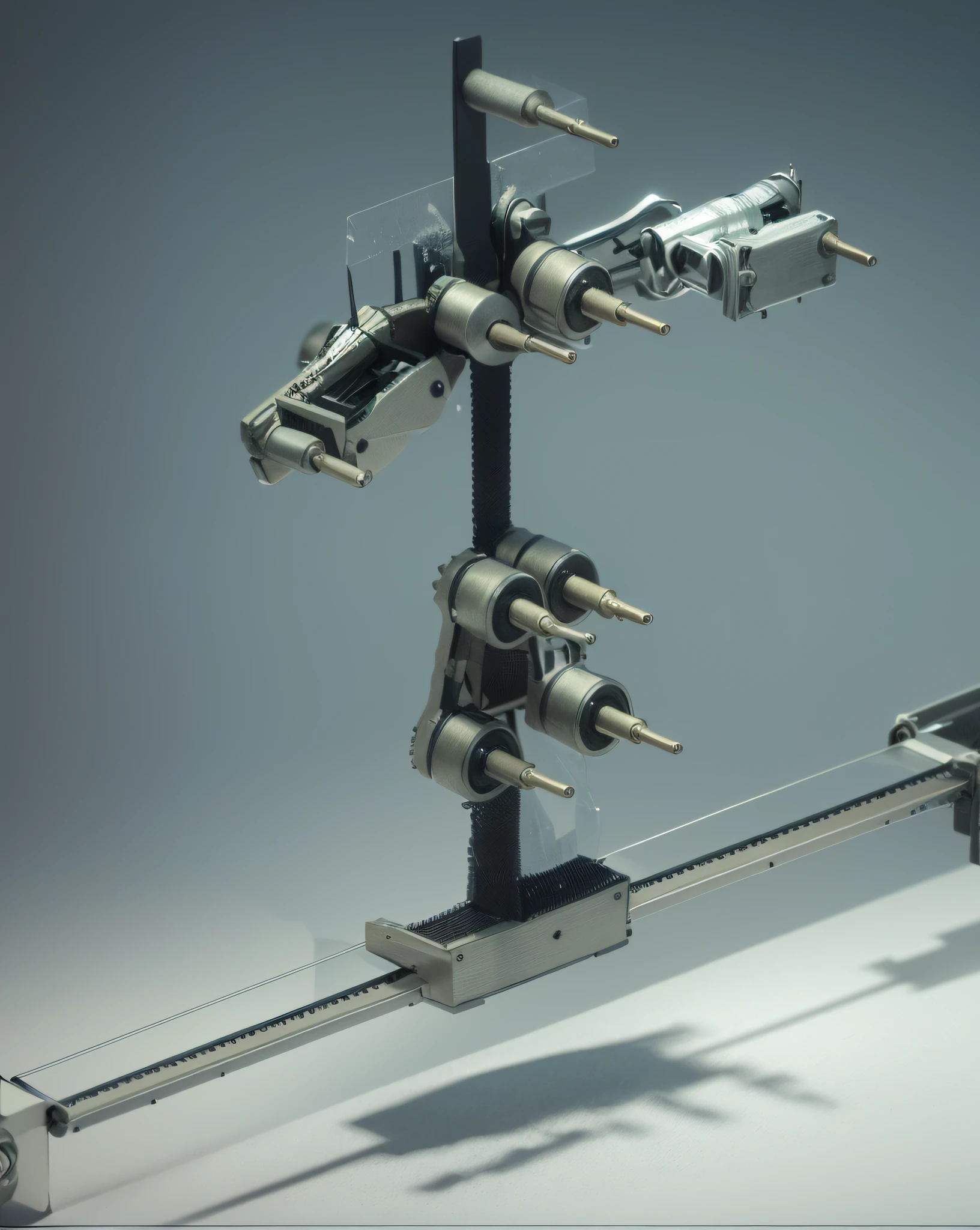 there is a metal object with a metal structure on it, detailed mechanical design, depicted as a 3 d render, modeled in 3 d, realistic mechanical details, mechanical arm, articulated joints, high - angle view, detailed 3 d render, detailed 3d render, high detail 3 d render, robotic extended arms, 3 d product render, mechanical detail, cgi rendering