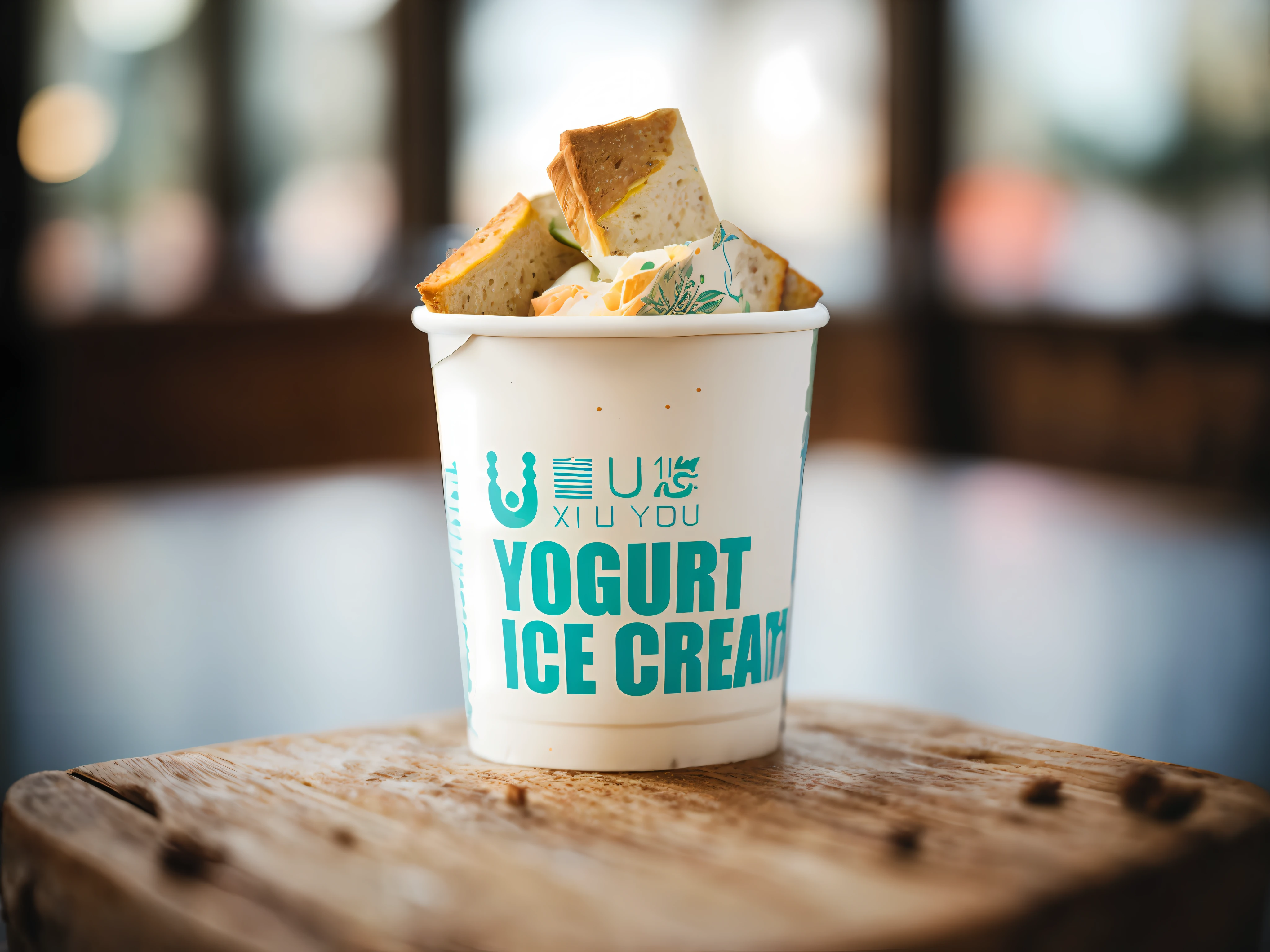 RAW photo of BLT paper yogurt cup, (rustic dinner background), seed bread, pepper jack cheese, (intricate detail: 1.12), (intricate detail, hyper detail: 1.15), realistic, ultra-realistic photo, 8k uhd, dslr, soft light, high quality, film grain, Fujifilm XT3, (masterpiece)
