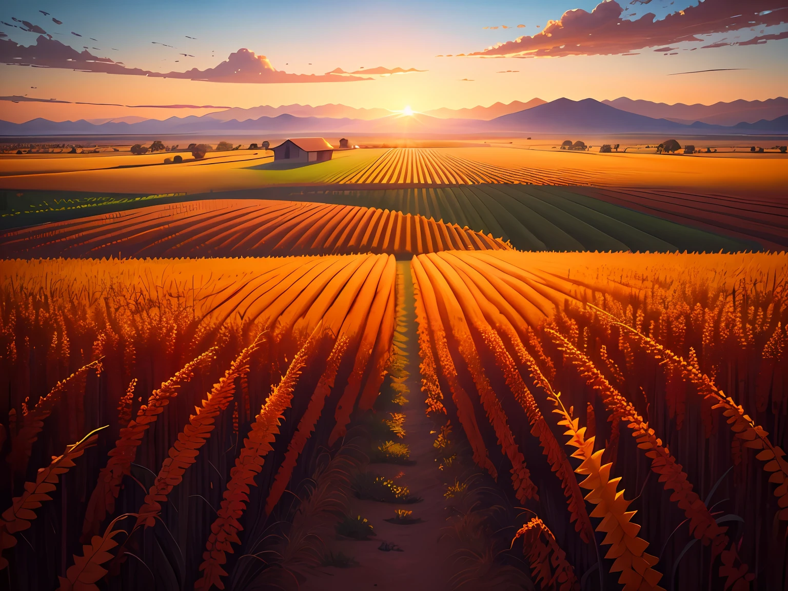 (Digital Painting), (Best Quality), Vista, Scenic View, Sorghum Field, (Sorghum: 1.5), Sorghum Field, Crops, Sunset, Sunset, Clouds, Blue Sky, Dust, Dusty, 8k Hyperrealism, Soft Color Scheme, Soft Lighting, Golden Hour, Tranquil Atmosphere, Landscape