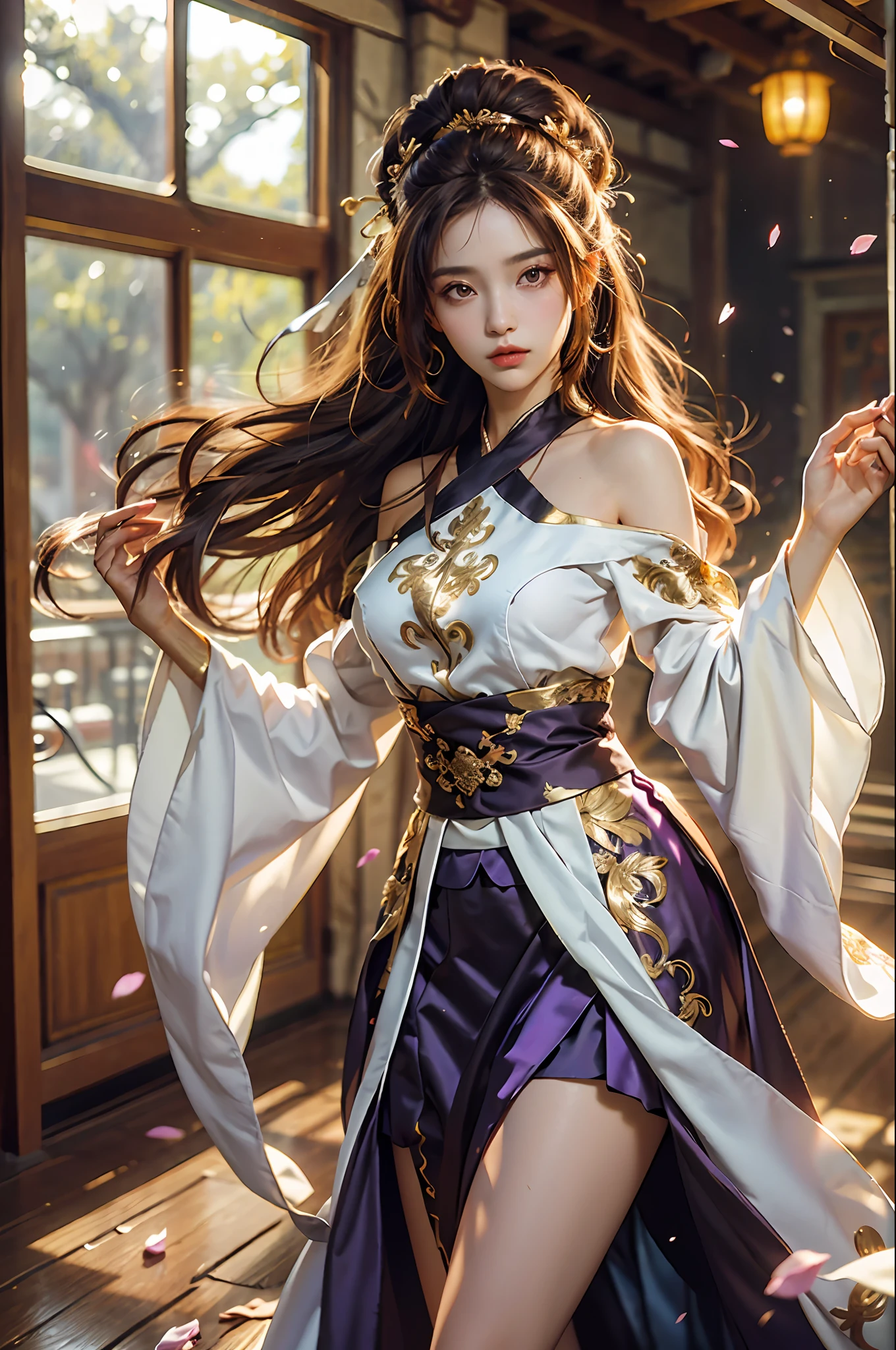 Superb Quality, Masterpiece, High Resolution, (Exquisite Body: 1.5), Beauty, Bare Shoulders, Oversized Breasts (2.5) Wide Buttocks, Thin Waist, Stunning Beauty, (Milky Skin: 1.3), Exquisite Details, High Resolution, Wallpaper, 1 Woman, Solo, Dress, Hair Accessories, (((Golden Purple Skirt)), Flower, Long Hair, Brown Hair, Shut Up, Accessories, Long Sleeves, Raised Hands, Wide Sleeves, Big Eyes, Flowing Hair, Hanfu, Hanfu, Embroidery, Long Dress, Natural Pose, Falling Petals, Indoor, Fanning, Lantern, 16K, HDR, High resolution, depth of field, (film grain: 1.1), Bocon, prime time, (lens flare), vignetting, rainbow, (color grading: 1.5)