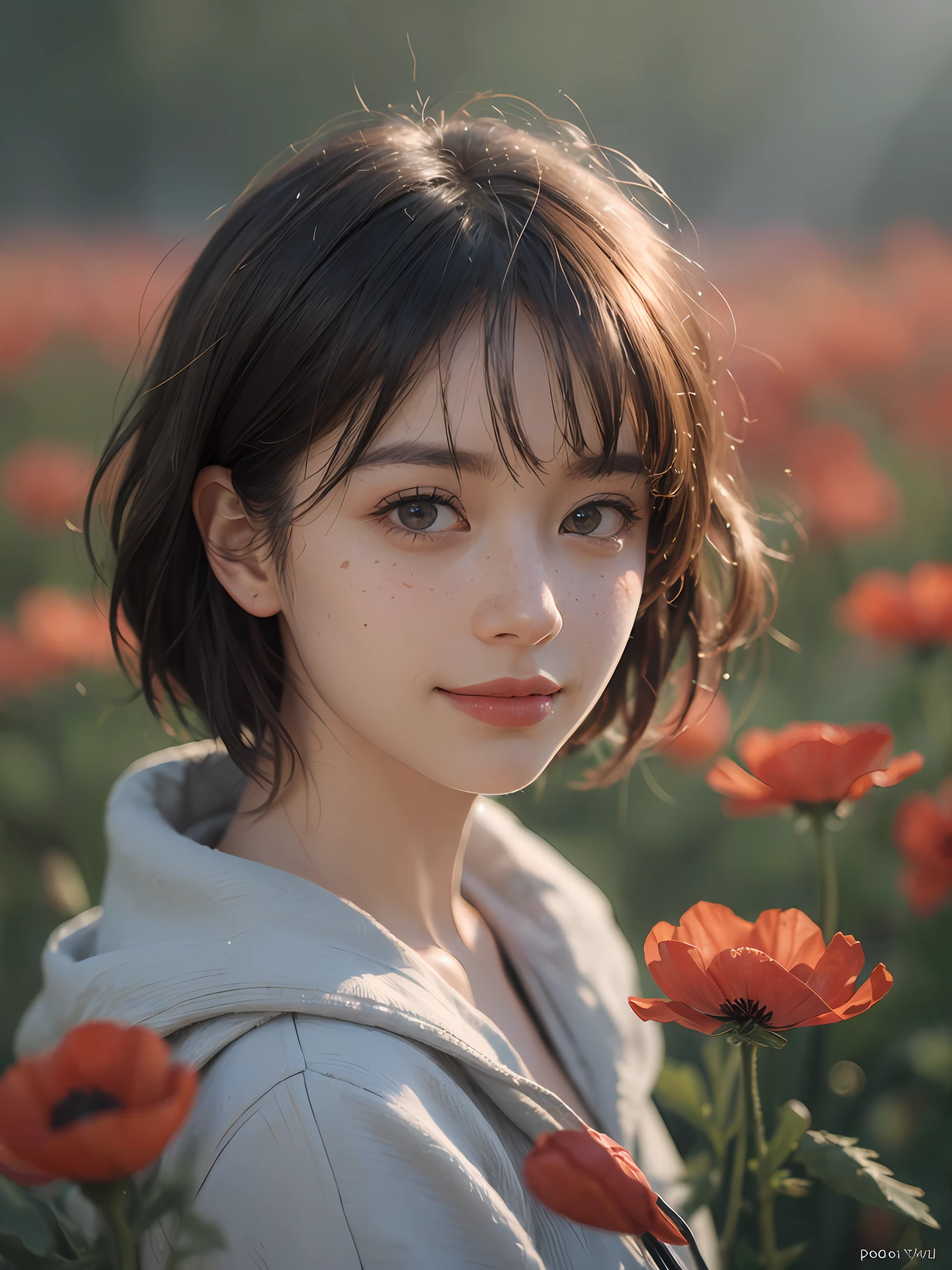 Best quality, masterpiece, ultra high res, (photorealistic:1.8), (freckles:1.0), raw photo,(shot from top high camera angle), 35mm, ultra sharpness, misty photo, 1girl, smirk smile, slouchy editorial pose, shoulder in, in the dark, deep shadow, low key, natural light on face, cold light, majestic light, light rays at the back, sexy look, messy short hair, colourful wild poppy flowers background and foreground, flower bokeh, (film grain:1.0)
