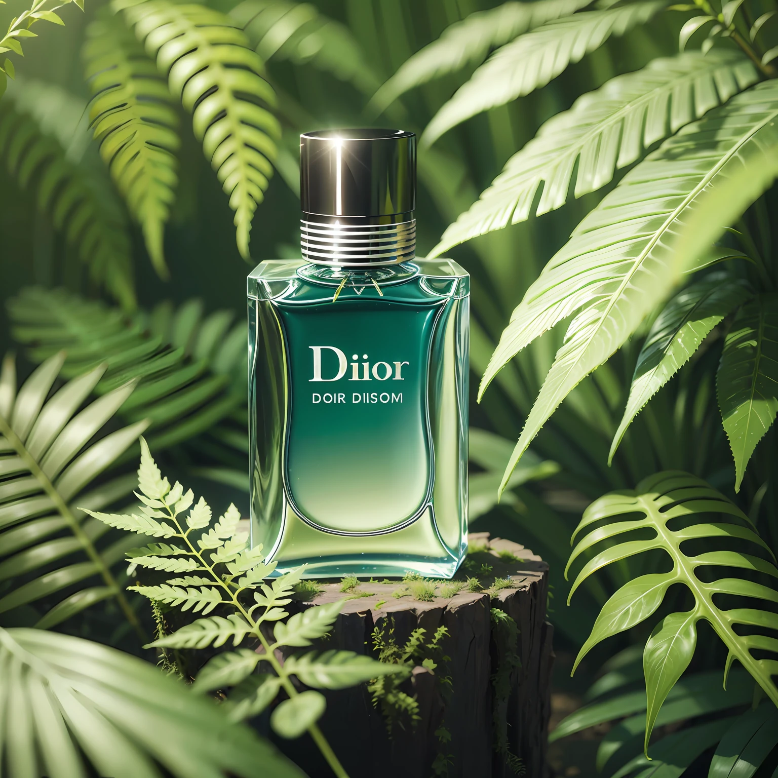 Dior perfume on mirror against light blue sky, surrounded by flowers with falling petals, sunlight reflection, high angle shot5, high detail, high quality, photography, 8k octane rendering --auto