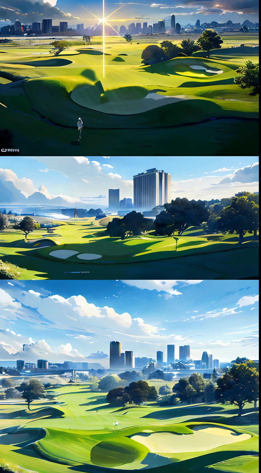 ((Masterpiece, Best Quality, Ultra Detail, Ultra High Resolution, Detailed Background, High Quality, Hyper Realism, Super Detailed Rendering) Beautiful golf course, sun shining on the earth, vast sky, beautiful skyline, large lawn, great tension and dramatic picture, moving visual effects, colorful natural light, a person playing golf
