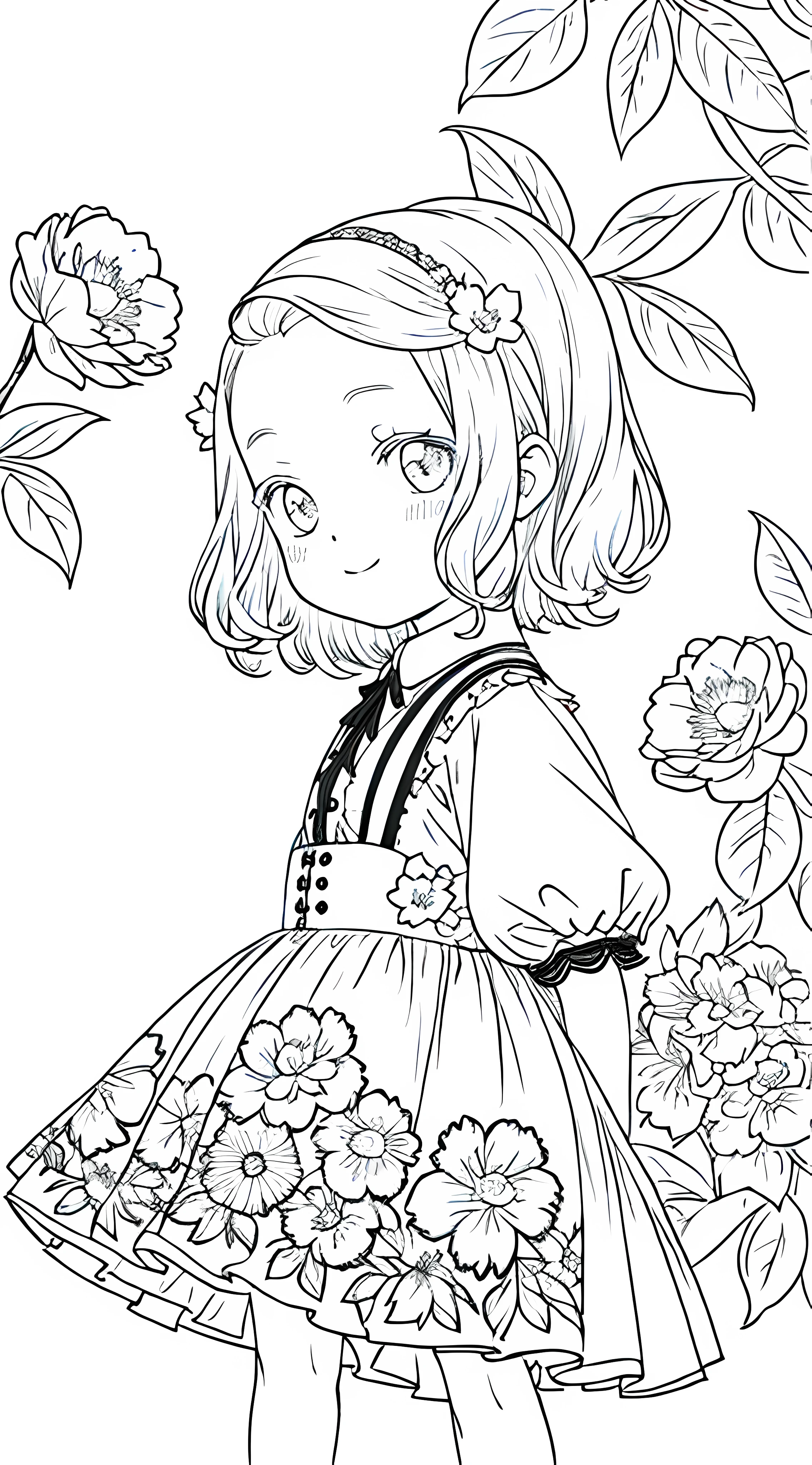 Detail face, line drawing, monochrome, line drawing baby, half, skirt, white hair, camellia flowers, white background,