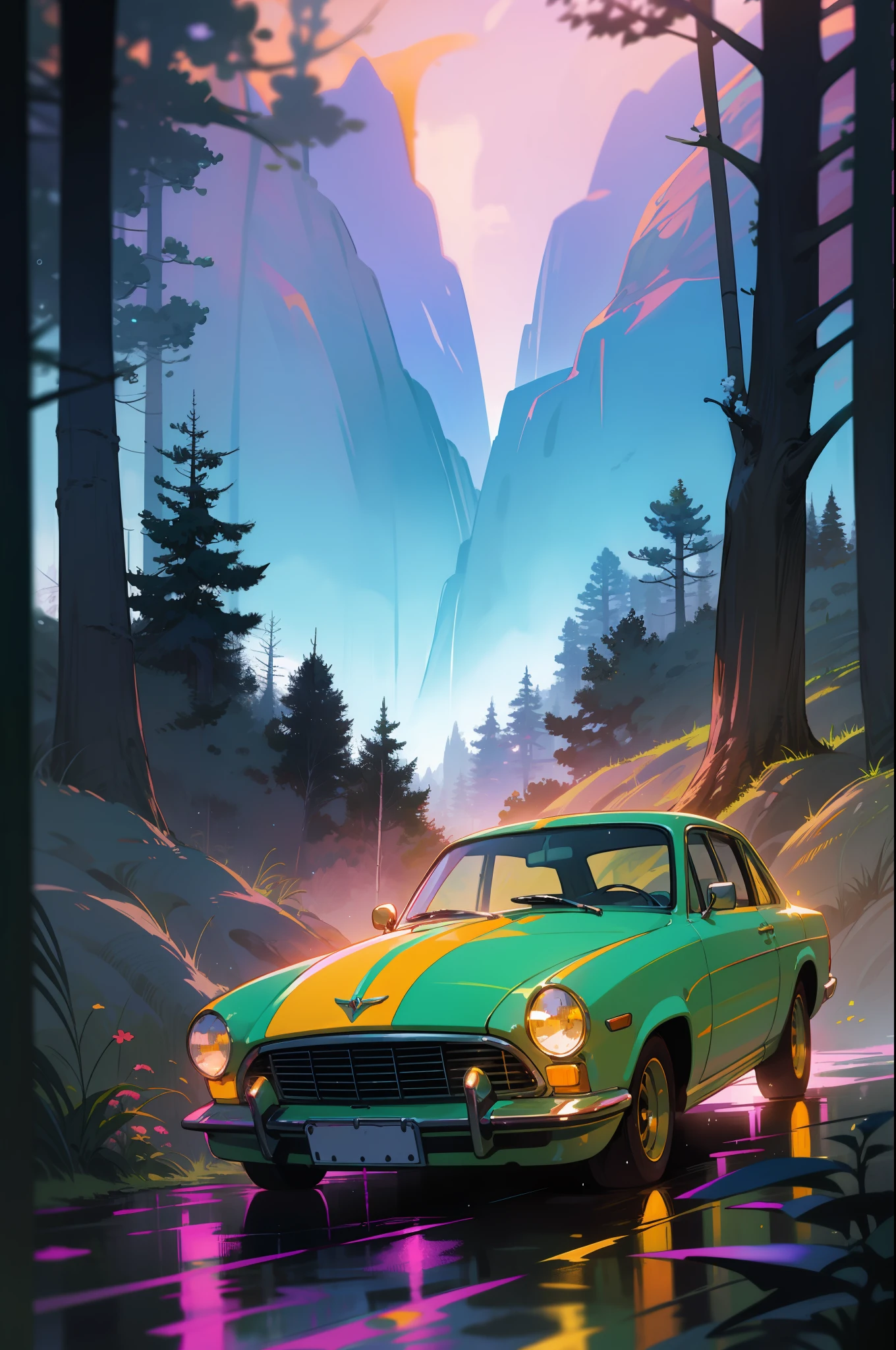 Masterpeace, BestQuality, Car, Forest, Mountains, Wet Road, Auto, Auto, Bright Colors, Volumetric Lighting, Best Shadows, Shallow Depth of Field, (High Quality, Stunning Details: 1.25), Brilliant Colorful Paintings, Whimsical, Magical, Flicker, Highlights, Neon Garland, Details, 8k