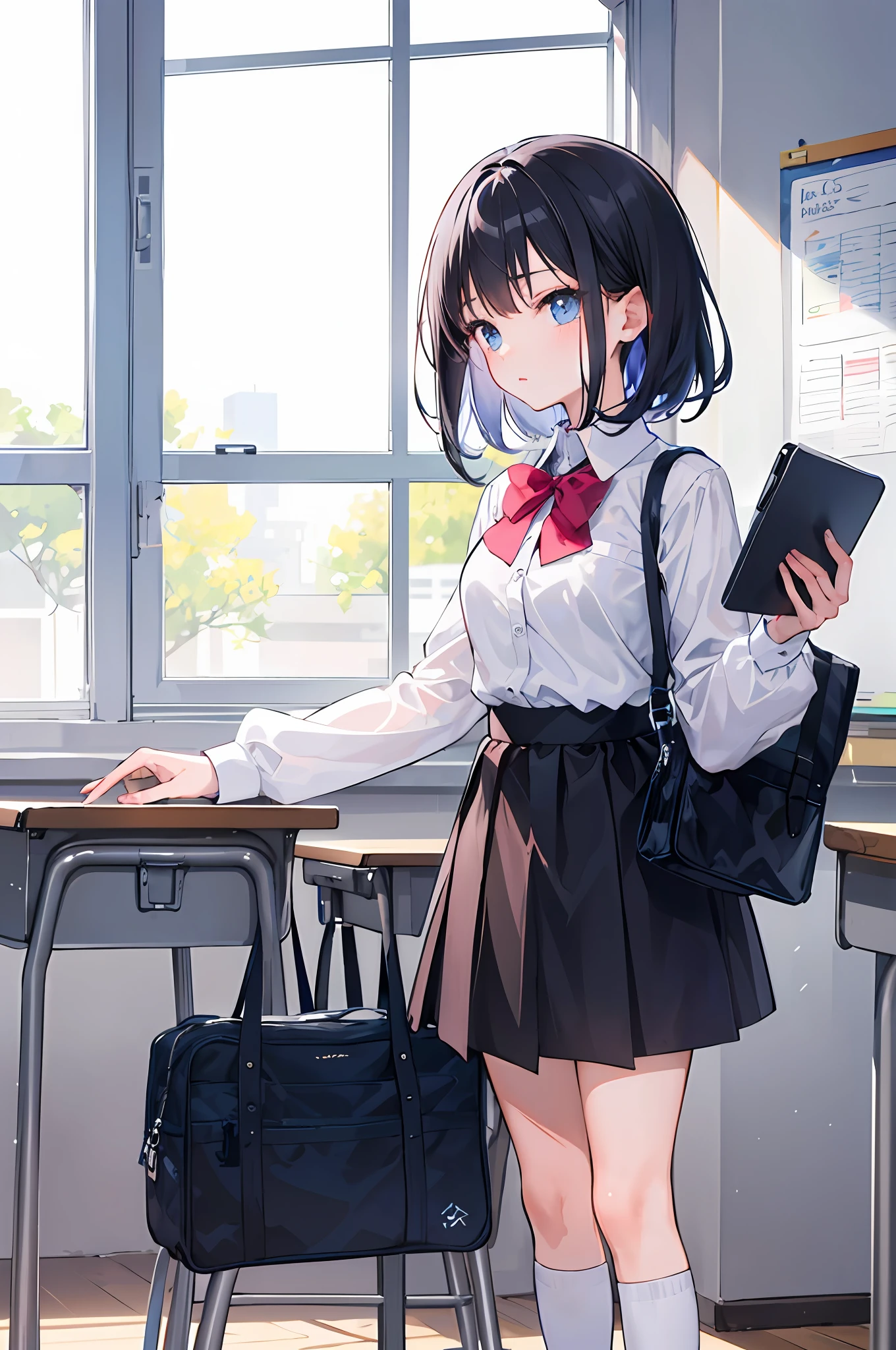 (1 girl: 1.5), (1 boy: 1.1), (see girl through the boy's shoulder: 2), // anime girl in uniform, blue eyes and handbag, beautiful anime high school girl, black hair, campus, (classroom: 1.1), desk, blackboard