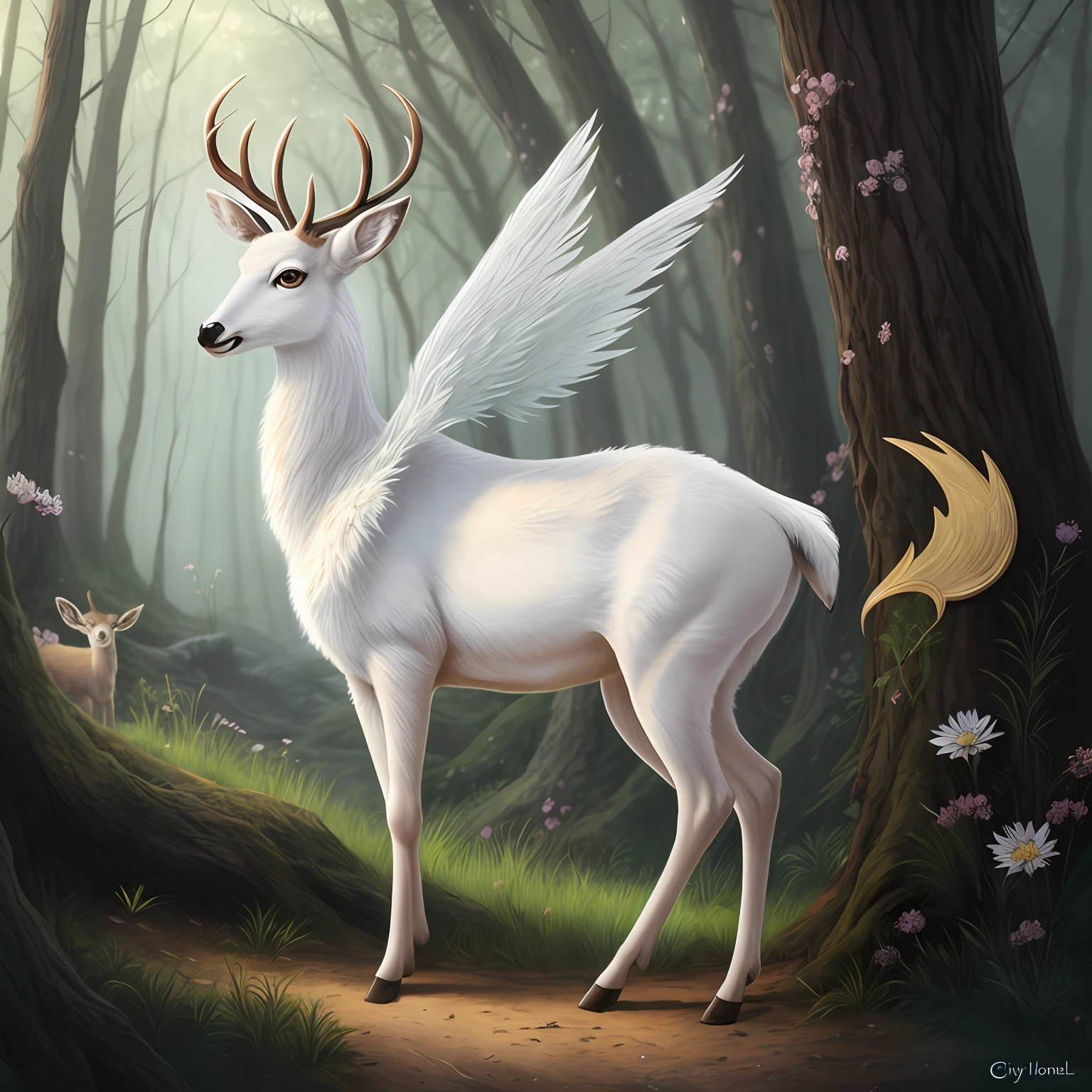 In the woods stands a white deer with wings, long eyelashes, big blue eyes, gemstones on the antlers, many plum blossom motifs on the body, a mythical creature, realistic fantasy illustration, mythical creature, anthropomorphic deer, anthropomorphic deer female, anthropomorphic deer, anthropomorphic female deer, fantasy creature, cute forest creature, forest spirit, fantasy art act, Cynthia Shepard, realistic illustration