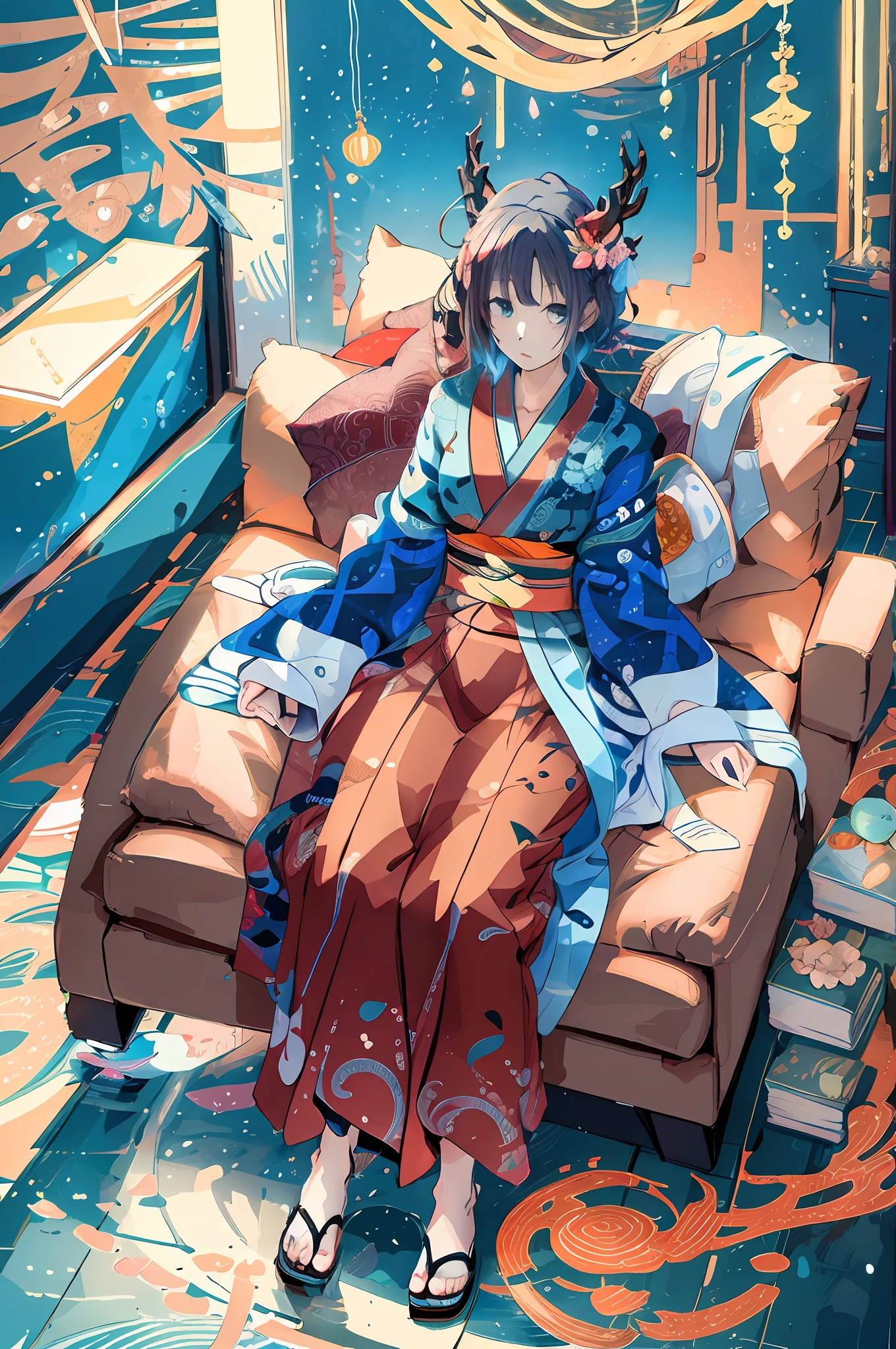 Anime - style illustration of a woman sitting on sofa in a room, anime moe art style, anime style 4 K, kimono, kimono, 4 K manga wallpaper, 8K! , anime wallabies, anime art wallpaper 8 K, from the East, official art, high quality anime art style, 4K! ，8K！！ Anime characters in the living room, blue carpet and blue sofa, wearing blue robes, wearing a kimono, anime style 4 K, wearing a blue cheongsam, wearing a kimono, blue robe, ninja art style in the dragon head, anime style", flowing hair and robes, full color manga visual style, official art, crazy details, fisheye lens, wide angle lens