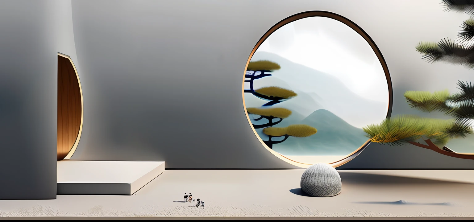 White building, white pine tree, round arch with a pine tree, Zen, garden, powerful Zen composition, inspired by Tadao Ando, Zen aesthetics, Zen concept, 3D rendering style, surrealist 3D rendering, minimalist composition, minimal composition, suspended sand, 3D illustration, 3D illustration, playful composition