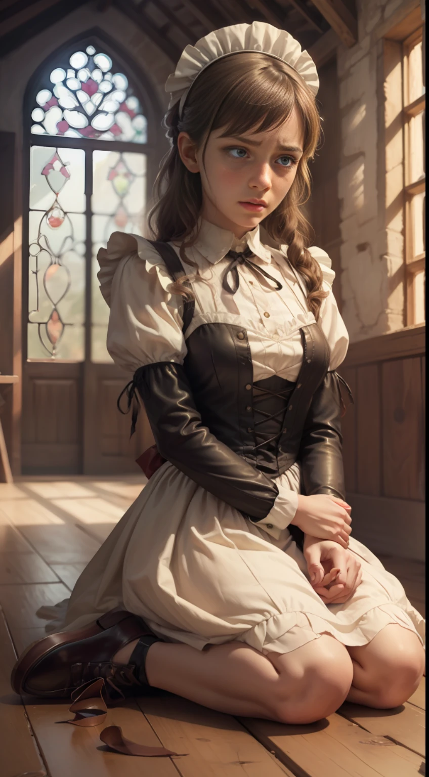 masterpiece, very detailed, ultra realistic, detailed background, bright lighting, daylight, beautiful face, beautiful eyes, medieval style, 1girl, solo,
Victorian maid girl, full body, crying face, leather shoes, praying with hands folded in front of chest,