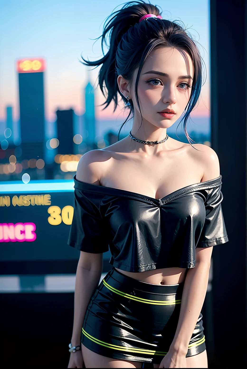 (Masterpiece), Best Quality, Ultra High Definition, Little Girl, Cyberpunk, 1 Girl, Full Body, Beautiful Cityscape, Blue Hair, Ponytail, Off Shoulder, Mini Skirt, Feather Complex Hair Ornament, (Gradient Neon Color: 1.5), Flash, Cinematic Lighting, Photorealistic, Real Skin, HDR