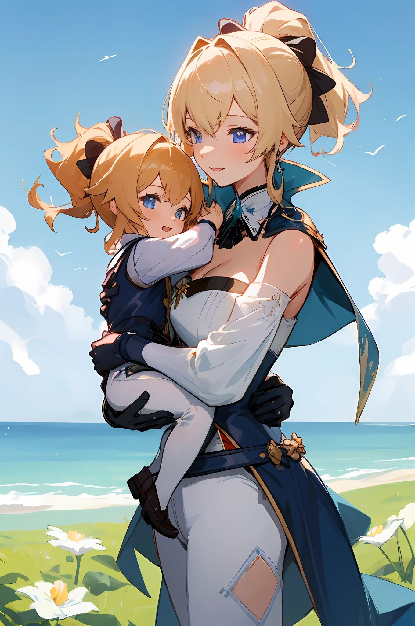 anime image of two women dressed knight posing for a picture like knight clothing in summer, jeanfavonian, medium hair, short hair, a girl in knight field, anime fantasy illustration, from the azur lane videogame, genshin, knight dress detailed art, two beautiful anime girls, mother and child, symbol of maternal love, happy, mother and child, such as photos of mother and child