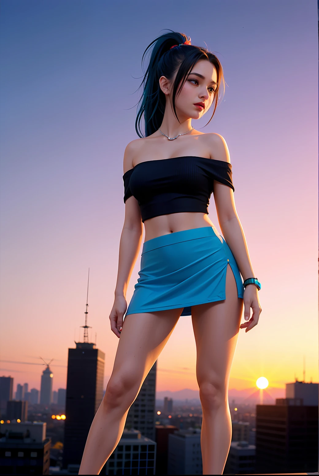 (Masterpiece), Best Quality, Ultra High Definition, Girl, Cyberpunk, 1 Girl, Full Body, Beautiful Cityscape, Blue Hair, Ponytail, Off Shoulder, Mini Skirt, Feather Complex Hair Ornament, (Gradient Neon Color: 1.5), Flash, Cinematic Lighting, Photorealistic, Real Skin, HDR