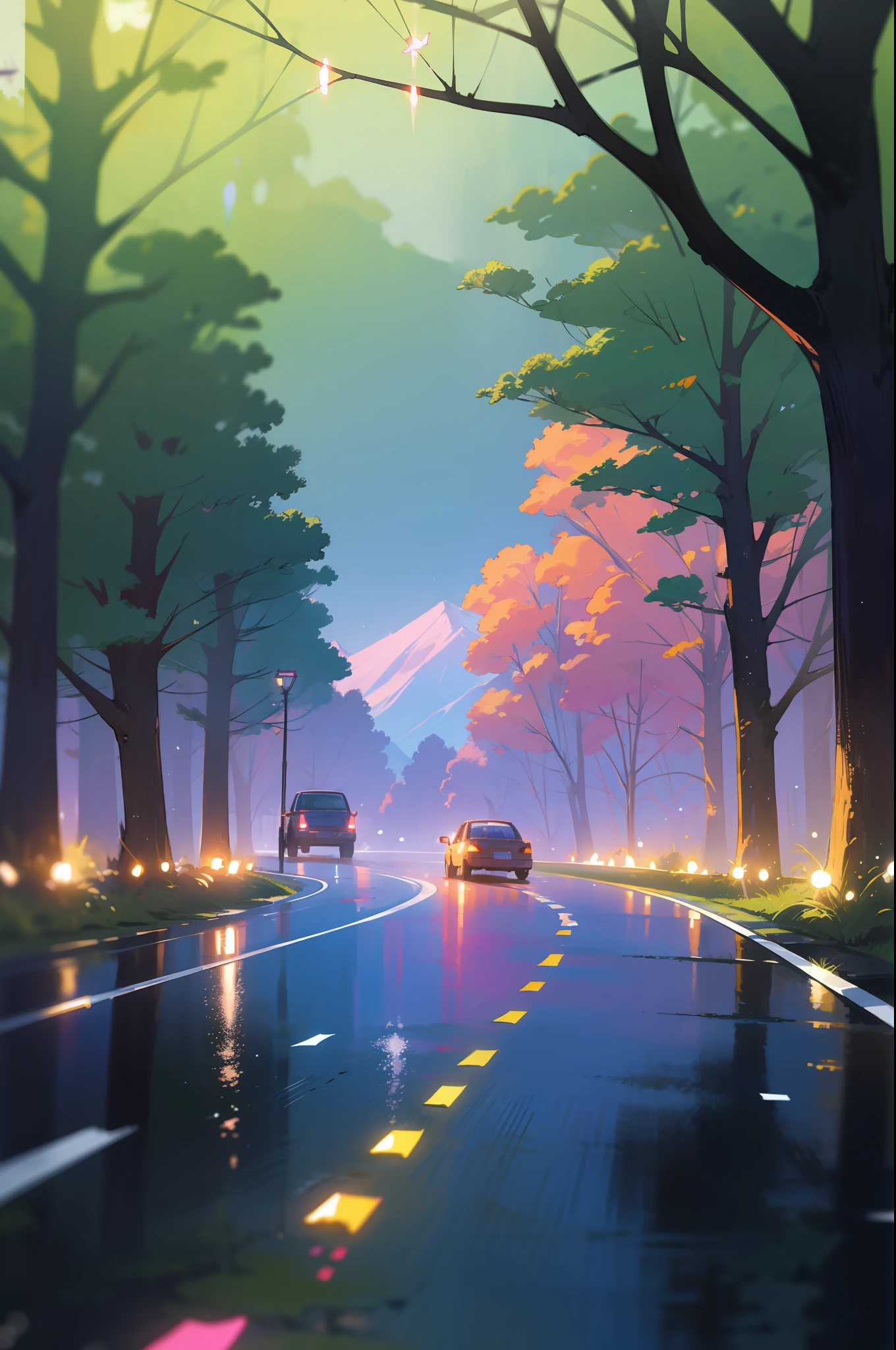 Masterpeace, BestQuality, Car, Forest, Mountains, Wet Road, Auto, Auto, Bright Colors, Volumetric Lighting, Best Shadows, Shallow Depth of Field, (High Quality, Stunning Details: 1.25), Brilliant Colorful Paintings, Whimsical, Magical, Flicker, Highlights, Neon Garland, Details, 8k
