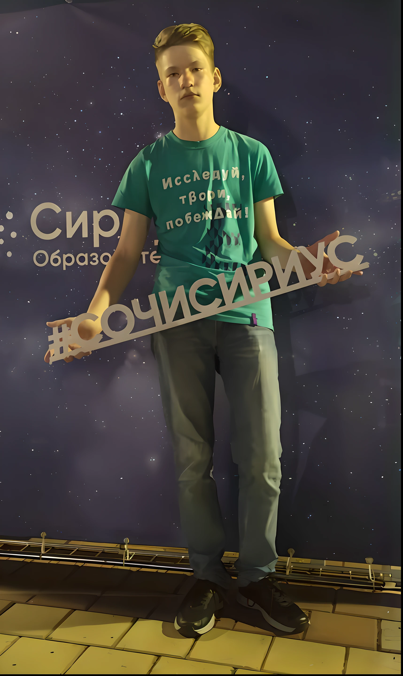 arafed man standing in front of a sign with a sign that says cupcake odds, with stars, ilya kuvishinov style, standing in outer space, roman shipunov, inspired by Alexander Kucharsky, low quality photo, very coherent image, photo 3 d, photo 3d, andrey surnov, nikolay, discovered photo, in russia